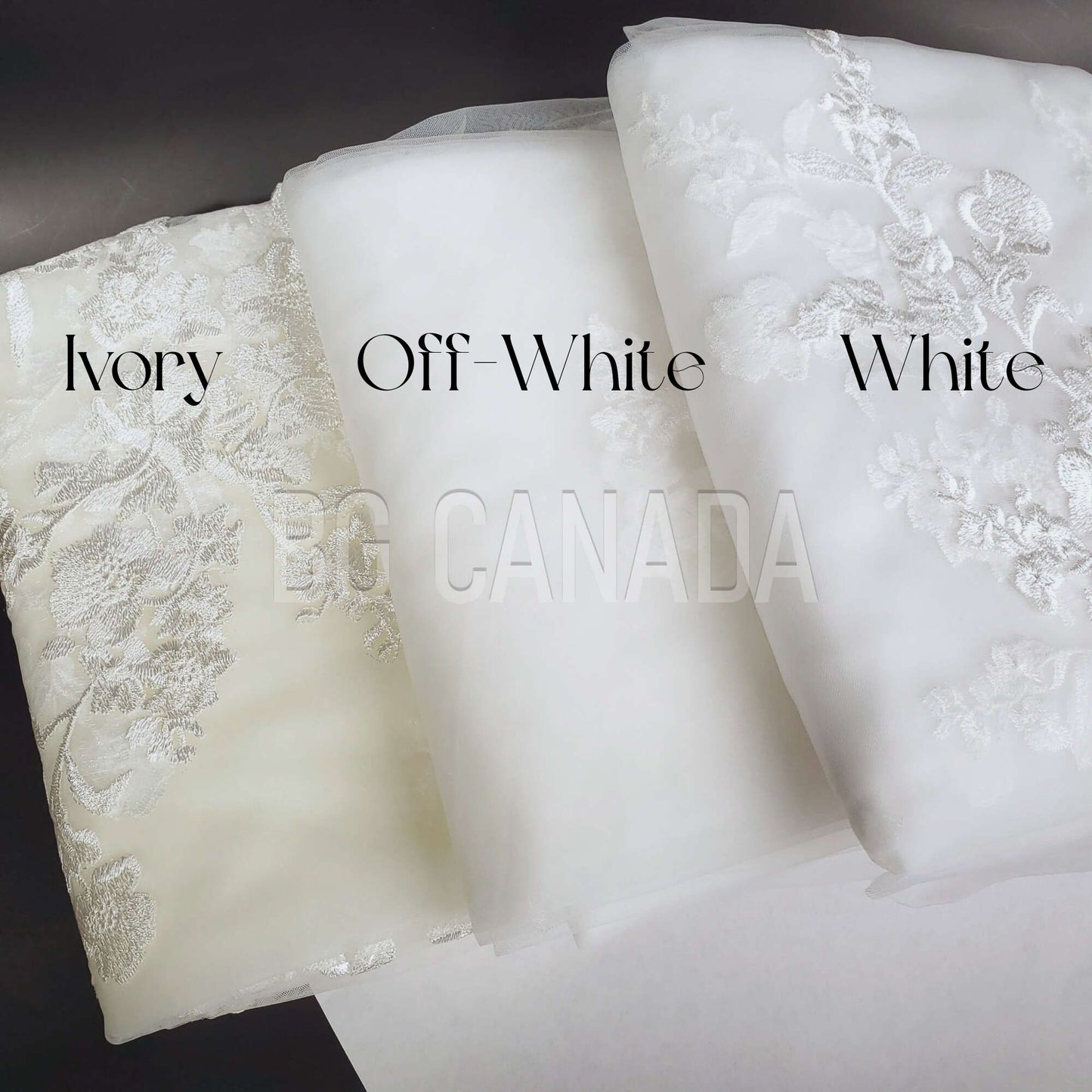 Three fabric swatches labeled 'Ivory', 'Off White', and 'White' with BG Canada branding.