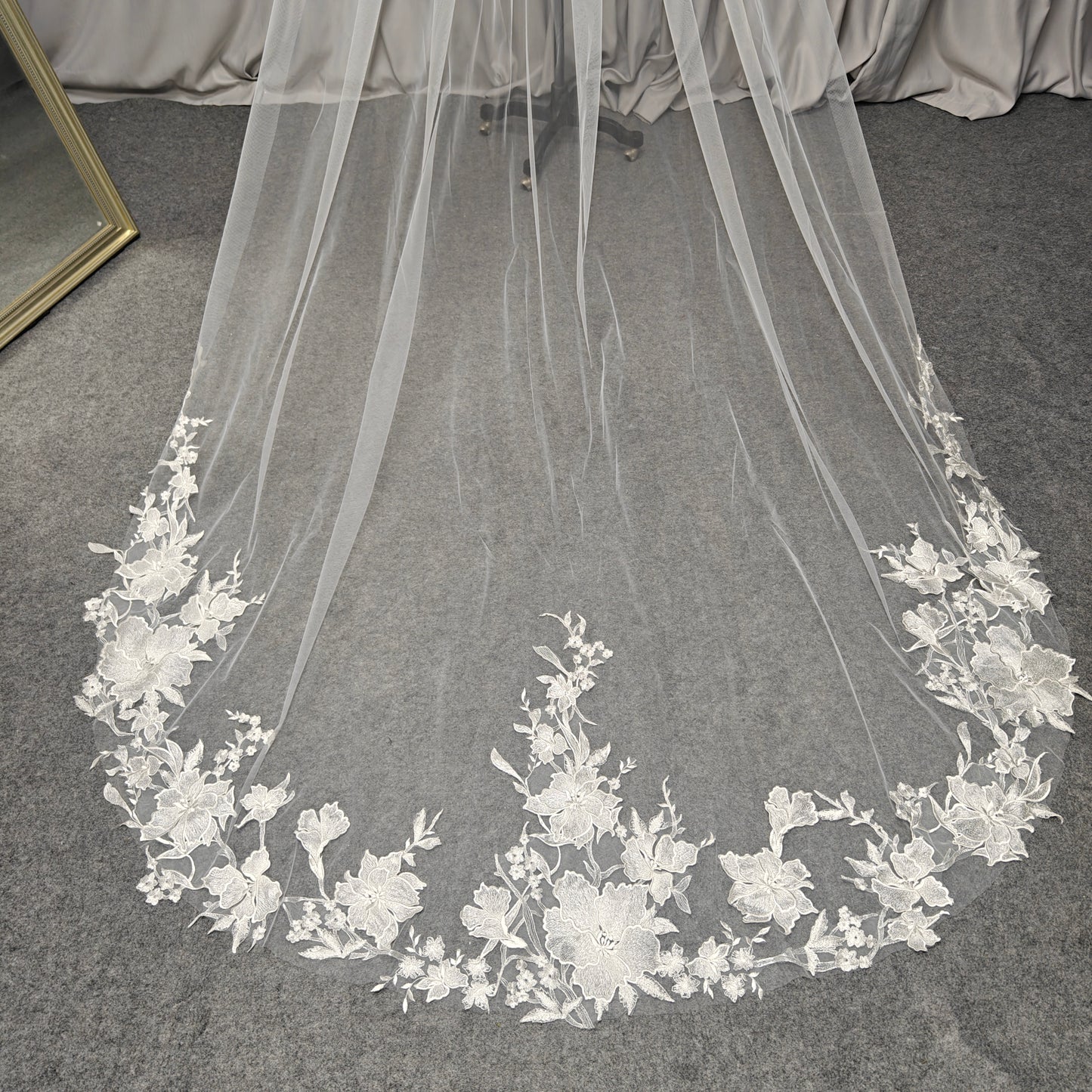Cathedral Large Petal Floral Vine Lace Trim Cascade Veil - Luna Bloom