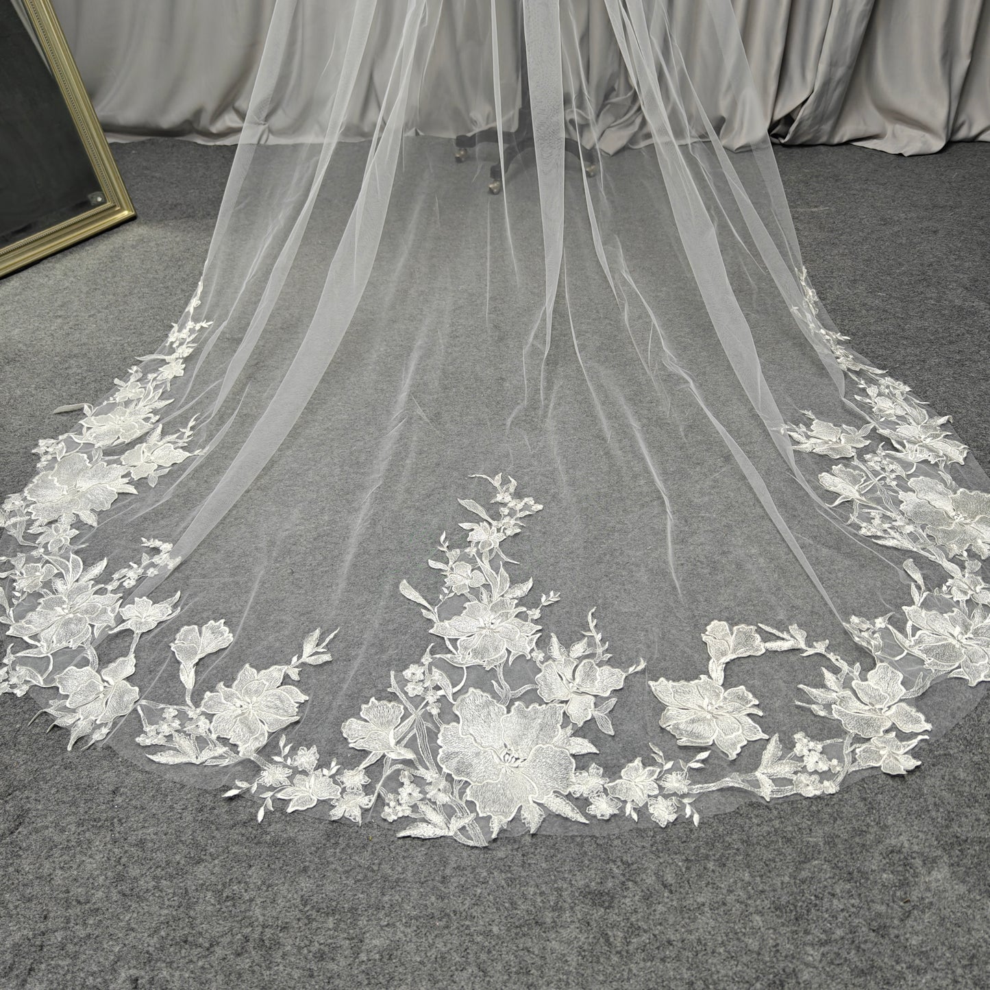 Cathedral Large Petal Floral Vine Lace Trim Cascade Veil - Luna Bloom