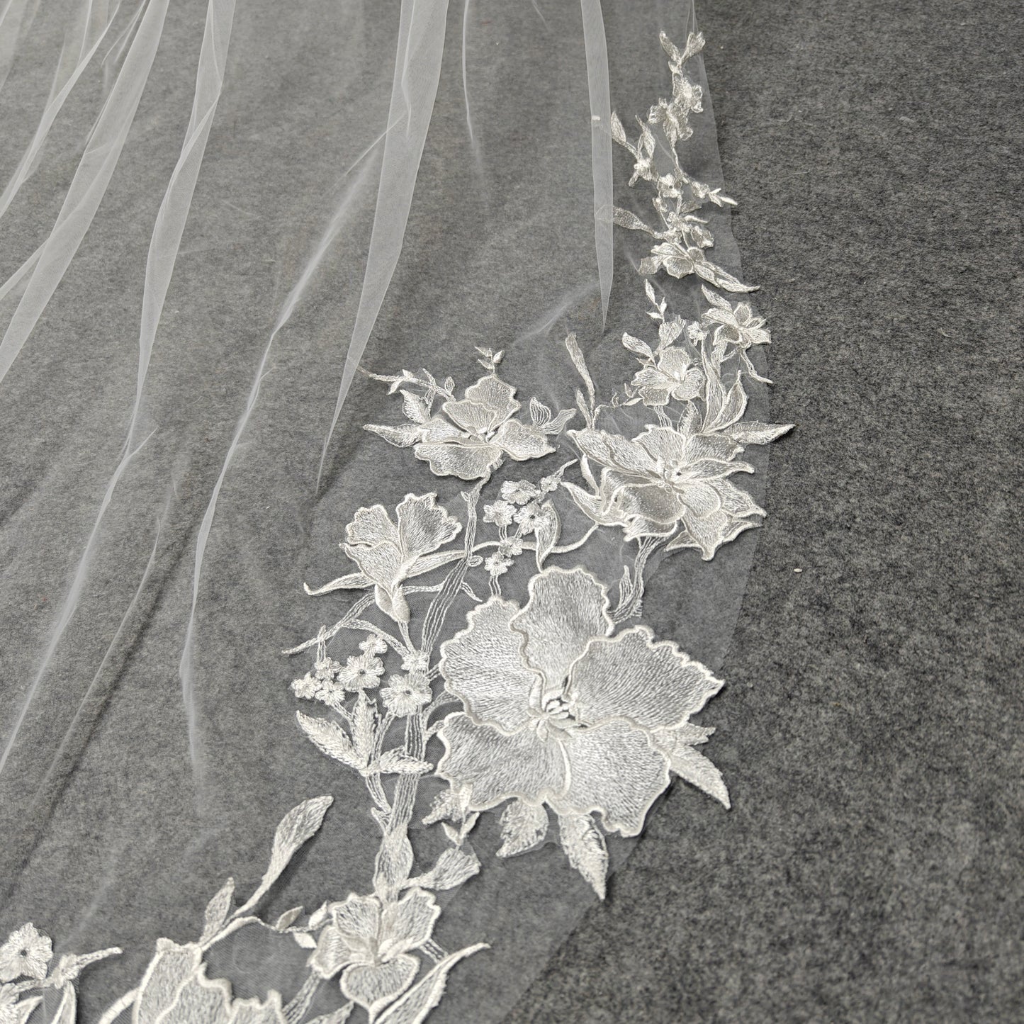 Cathedral Large Petal Floral Vine Lace Trim Cascade Veil - Luna Bloom