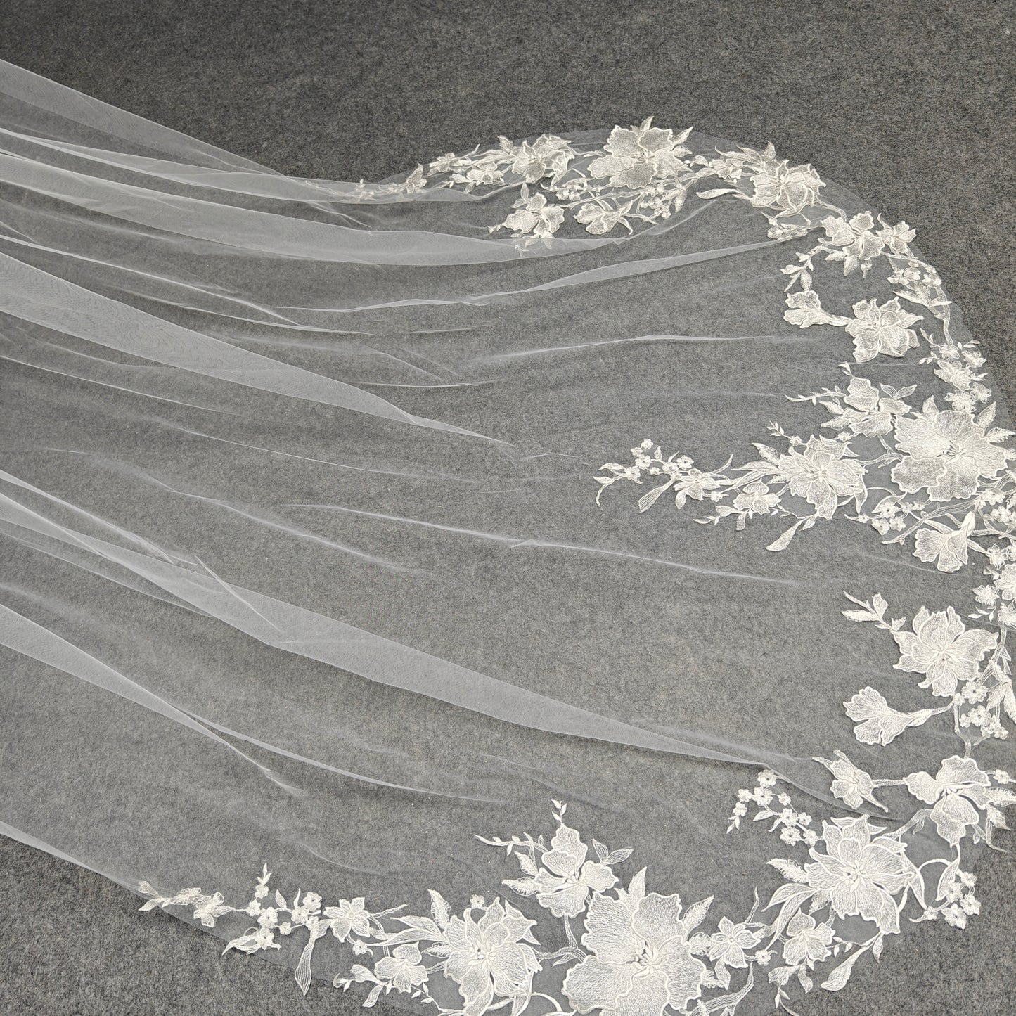 Cathedral Large Petal Floral Vine Lace Trim Cascade Veil - Luna Bloom