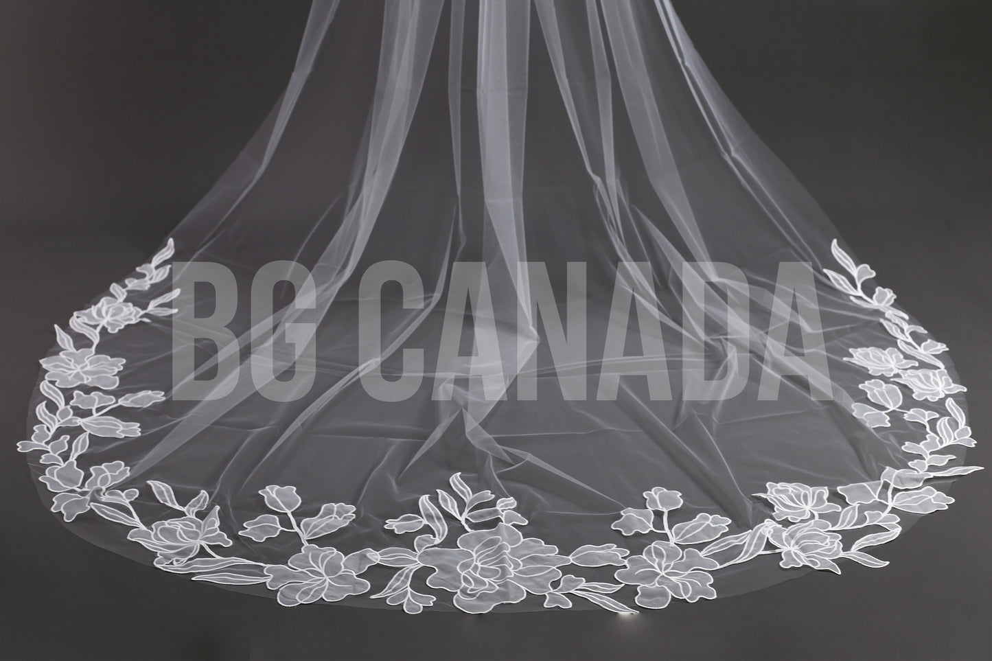 Modern Cathedral Veil with Large Floral Vine Motif Applique Trim - Nouveau Bloom