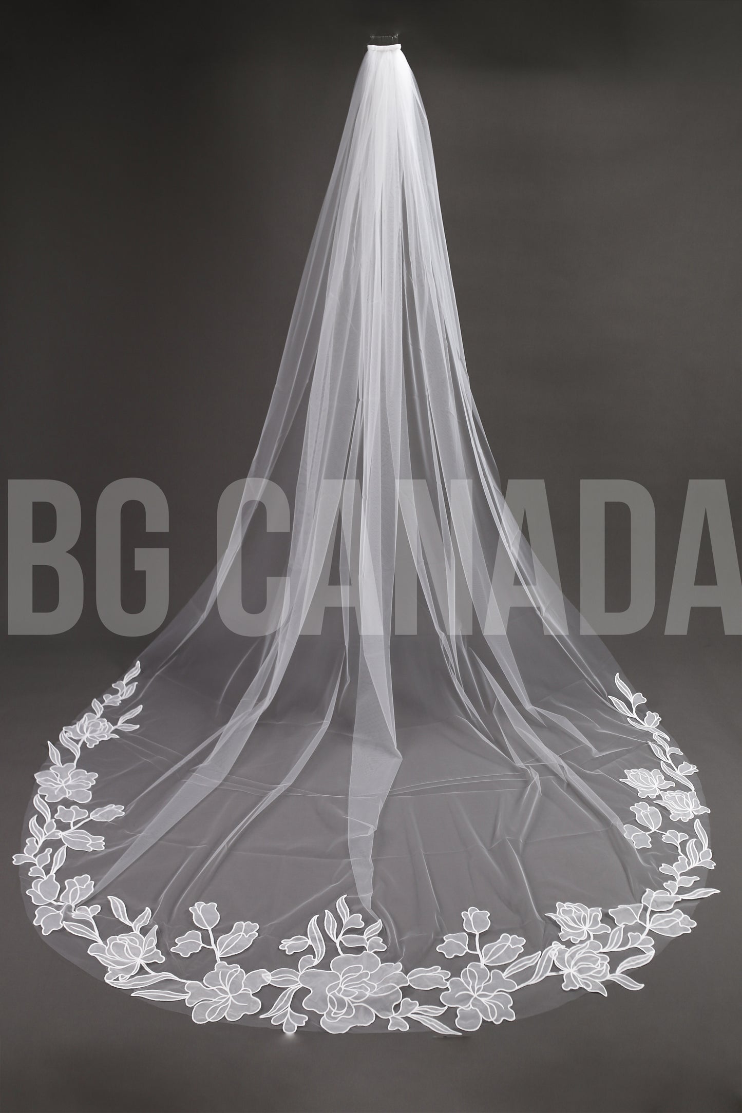 Modern Cathedral Veil with Large Floral Vine Motif Applique Trim - Nouveau Bloom