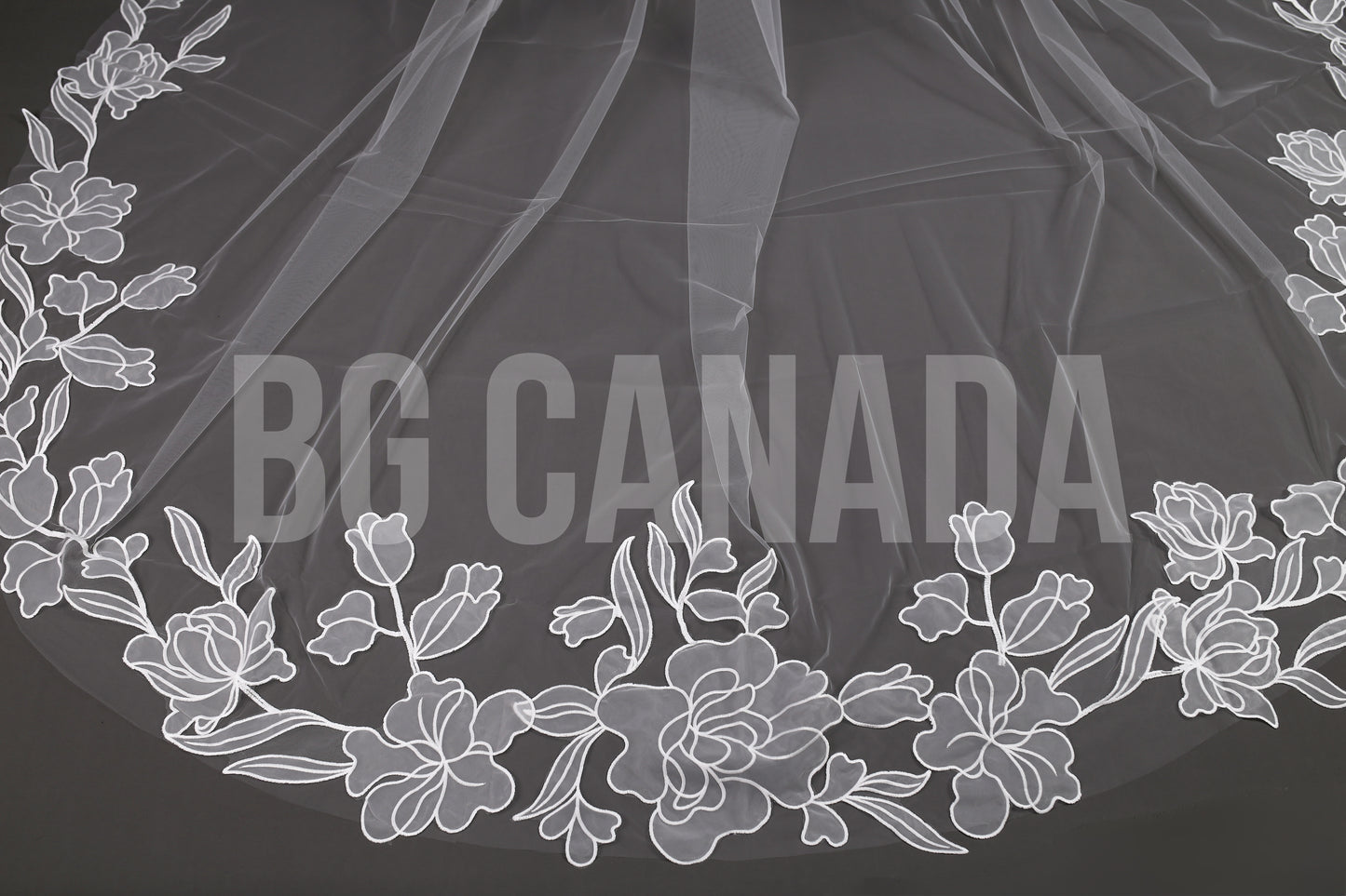 Modern Cathedral Veil with Large Floral Vine Motif Applique Trim - Nouveau Bloom