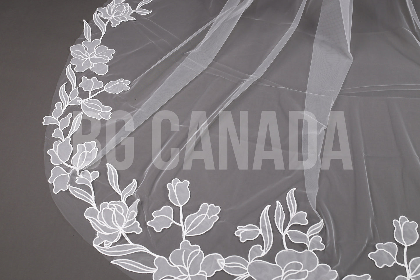 Modern Cathedral Veil with Large Floral Vine Motif Applique Trim - Nouveau Bloom