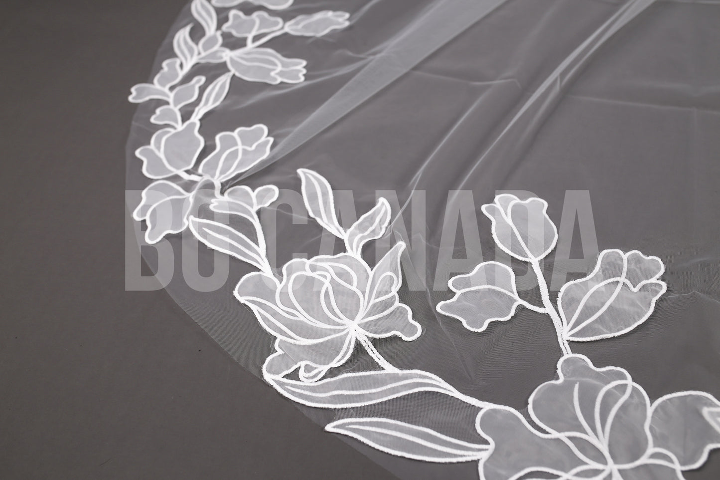Modern Cathedral Veil with Large Floral Vine Motif Applique Trim - Nouveau Bloom
