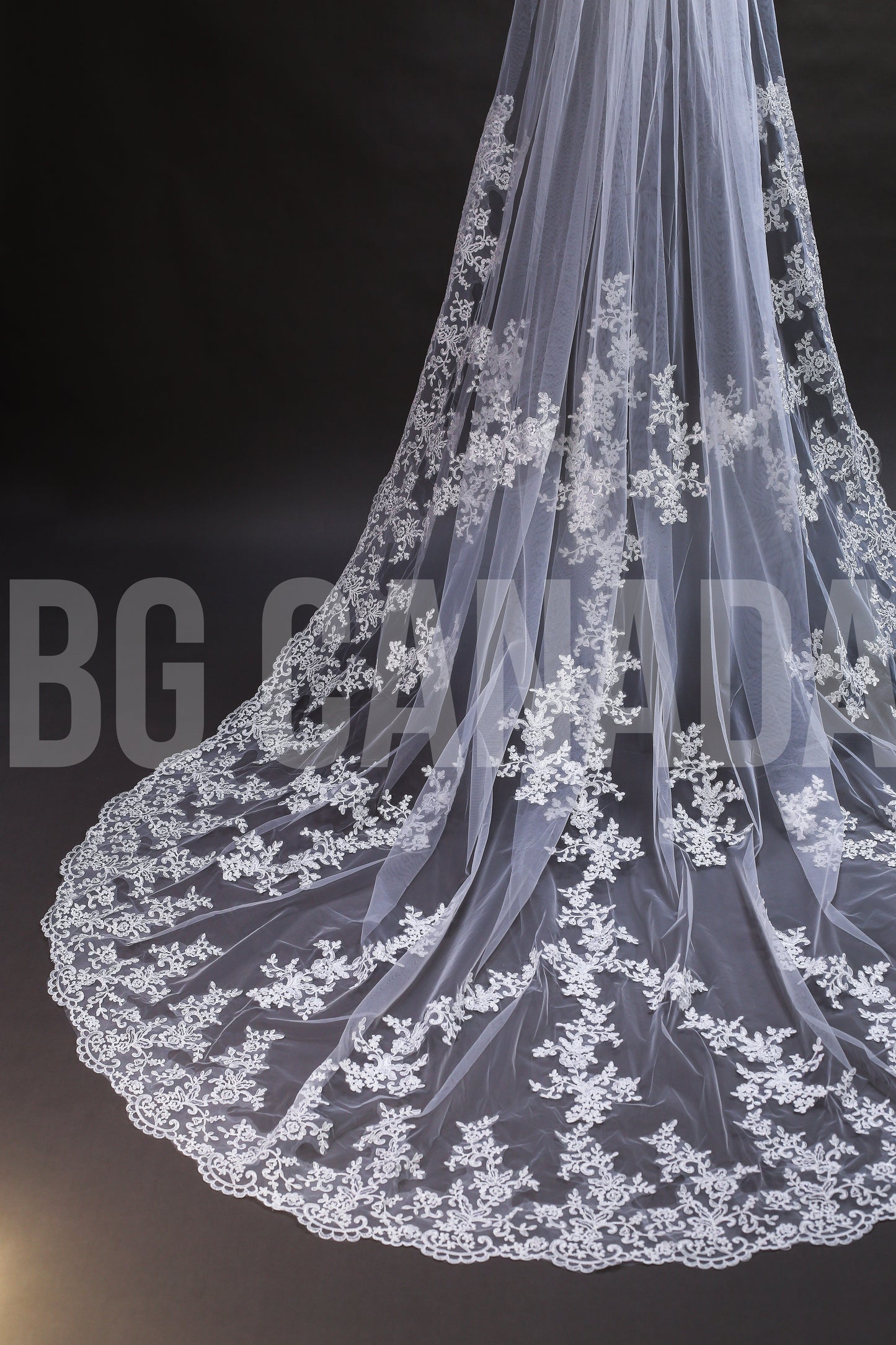 Long Luxury Veil Classic Floral Leaf Vine Lace Trim Cascade - Genevieve Heirloom