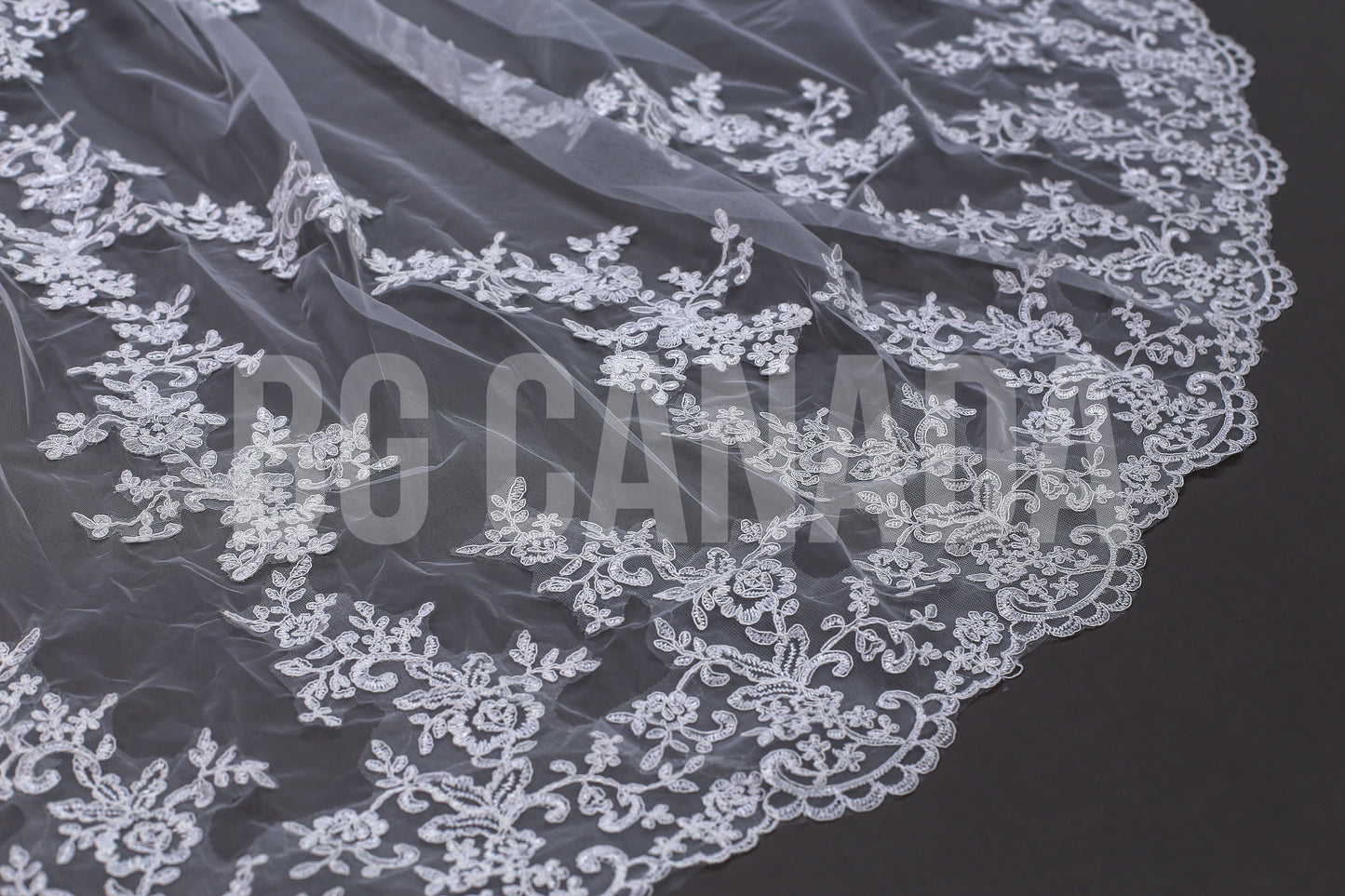 Long Luxury Veil Classic Floral Leaf Vine Lace Trim Cascade - Genevieve Heirloom