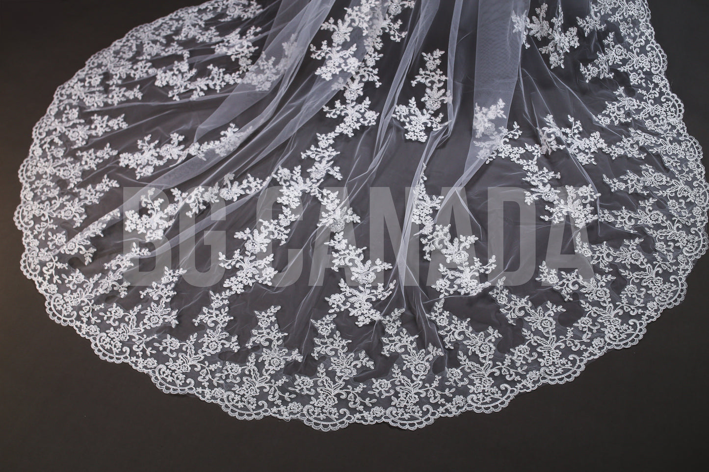 Long Luxury Veil Classic Floral Leaf Vine Lace Trim Cascade - Genevieve Heirloom