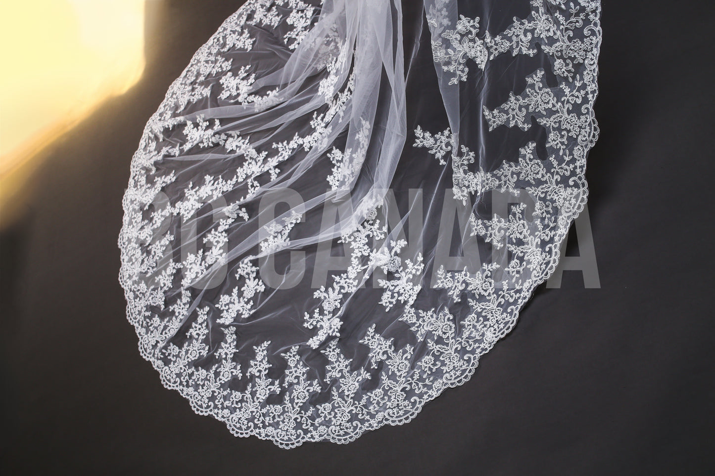 Long Luxury Veil Classic Floral Leaf Vine Lace Trim Cascade - Genevieve Heirloom