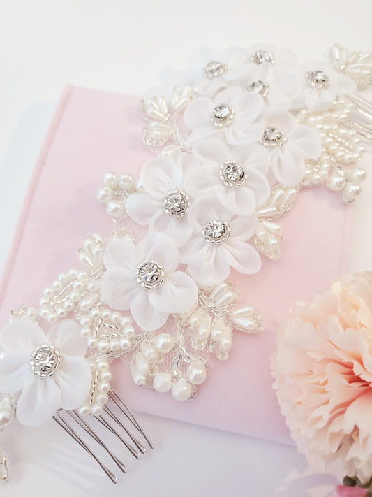 Bridal flower hair comb,wedding organza flower hair comb, pearl hair comb, bridal pearl crystal hair accessories, wedding hair accessories