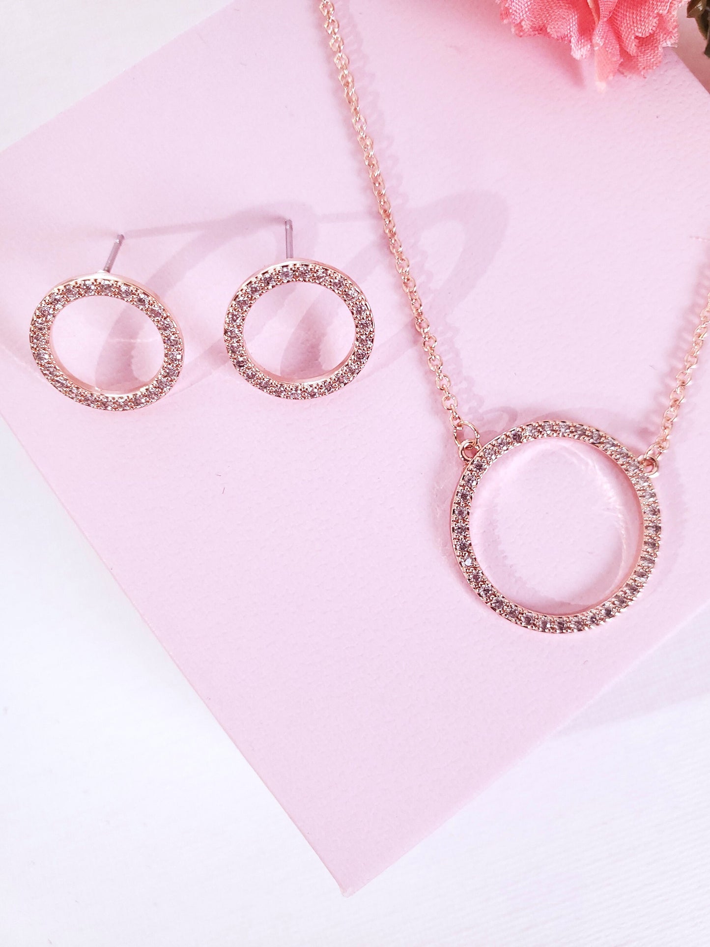 Rose Gold Circle Necklace Earrings Bridesmaids Eternity Necklace gift for her Karma Necklace Delicate Necklace Dainty Necklace