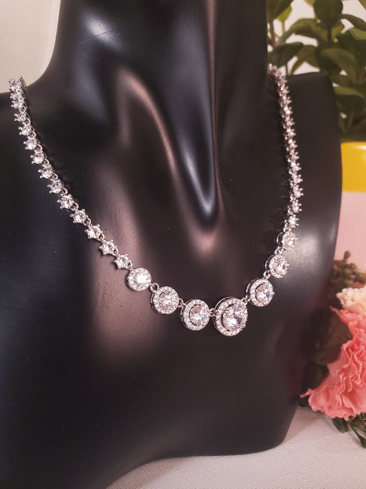 Round Bridal Necklace Set,Silver Wedding Earrings, jewellery set for brides, maid of honor gifts, cubic zirconia earrings