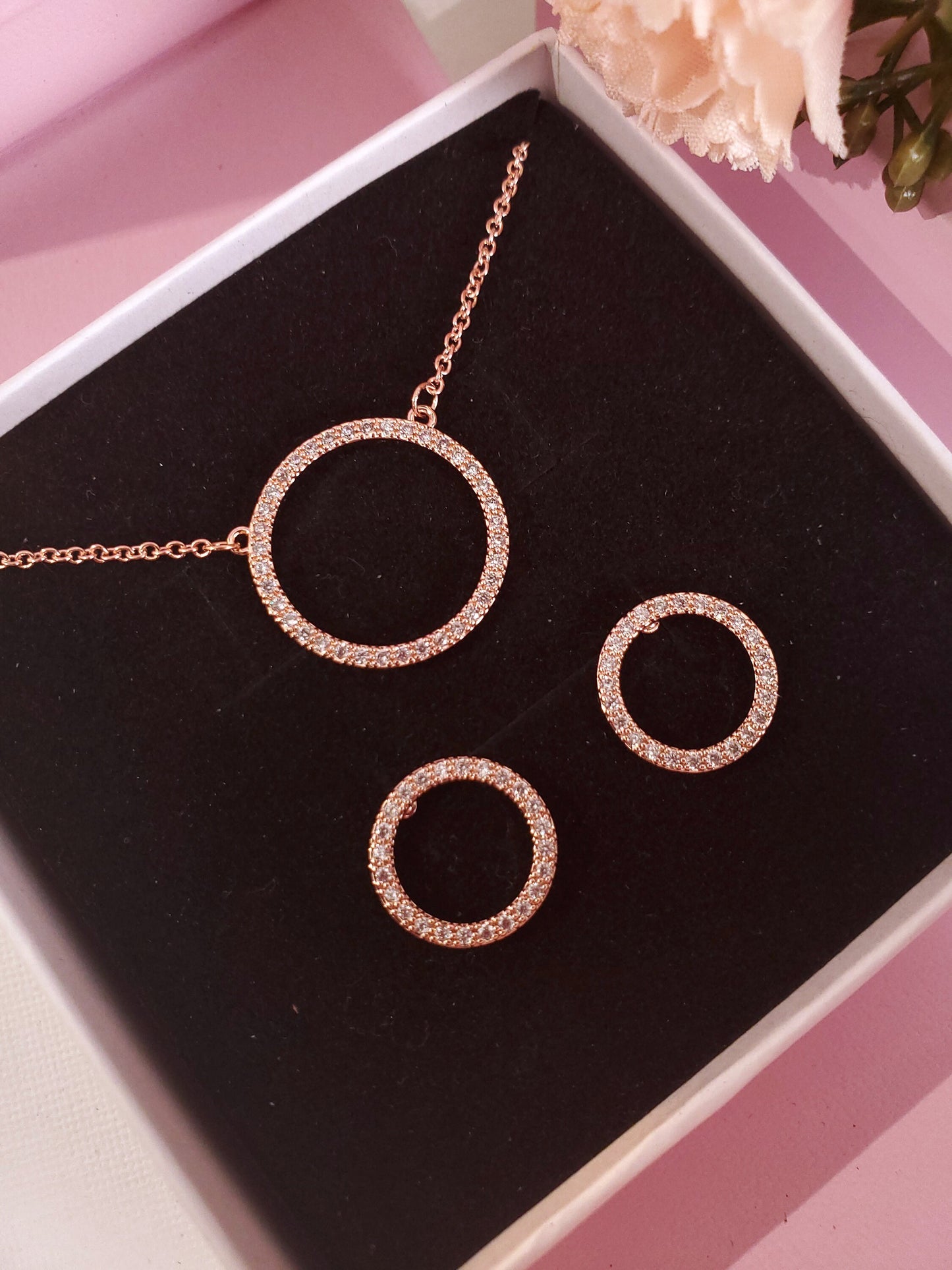 Rose Gold Circle Necklace Earrings Bridesmaids Eternity Necklace gift for her Karma Necklace Delicate Necklace Dainty Necklace