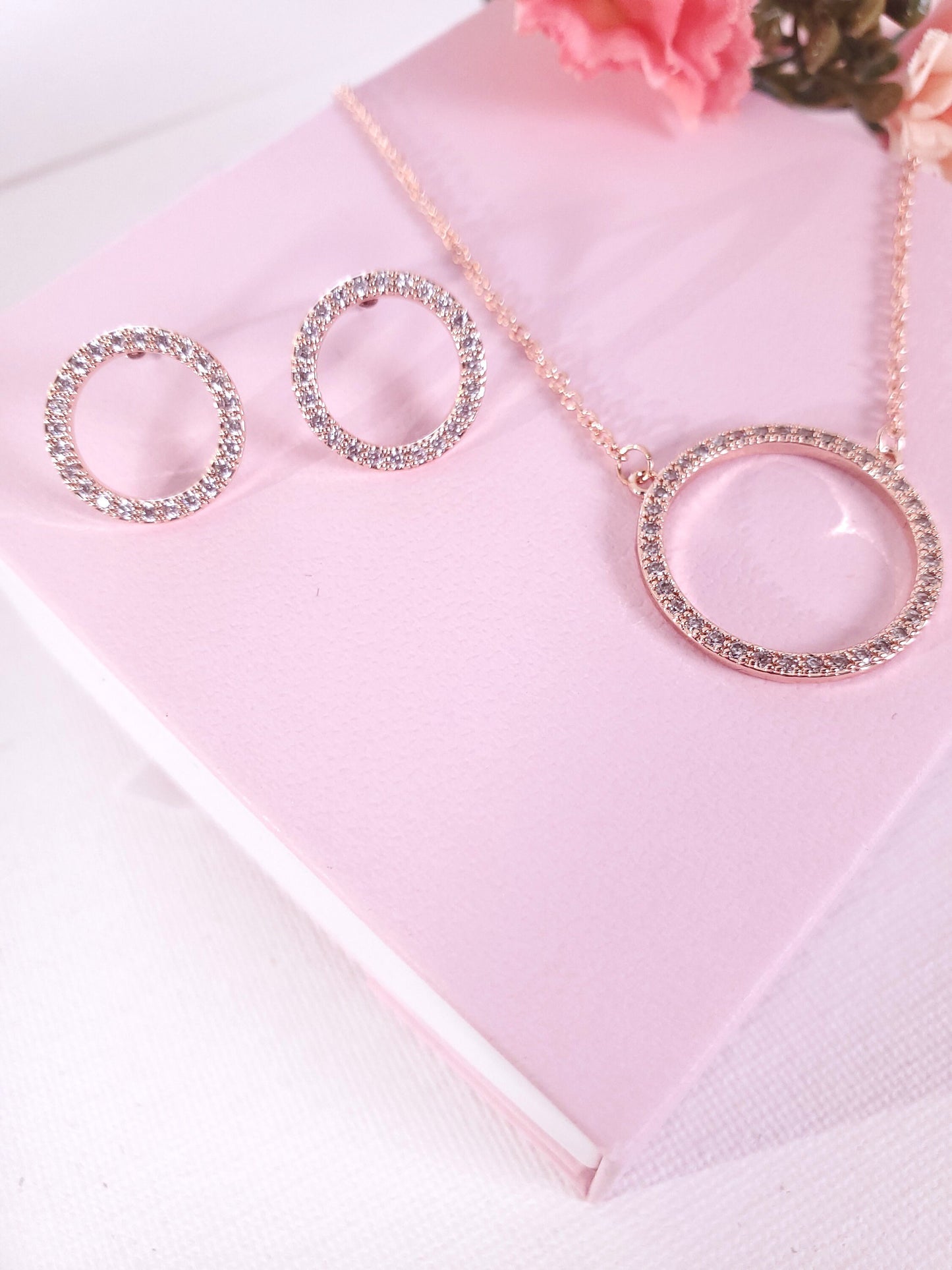 Rose Gold Circle Necklace Earrings Bridesmaids Eternity Necklace gift for her Karma Necklace Delicate Necklace Dainty Necklace