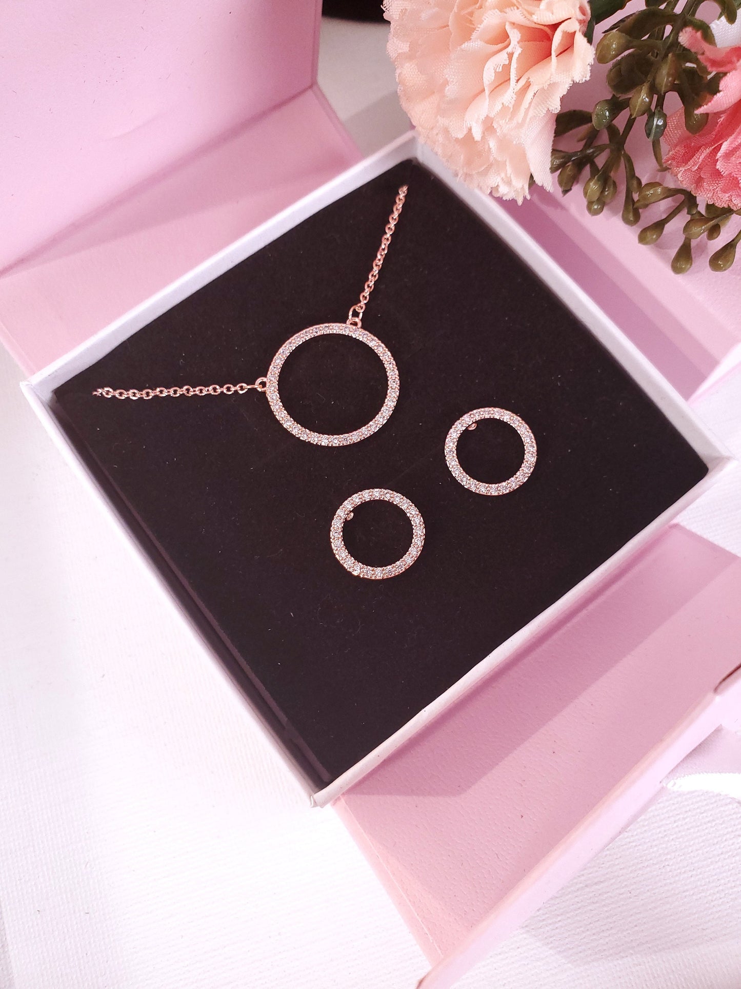 Rose Gold Circle Necklace Earrings Bridesmaids Eternity Necklace gift for her Karma Necklace Delicate Necklace Dainty Necklace