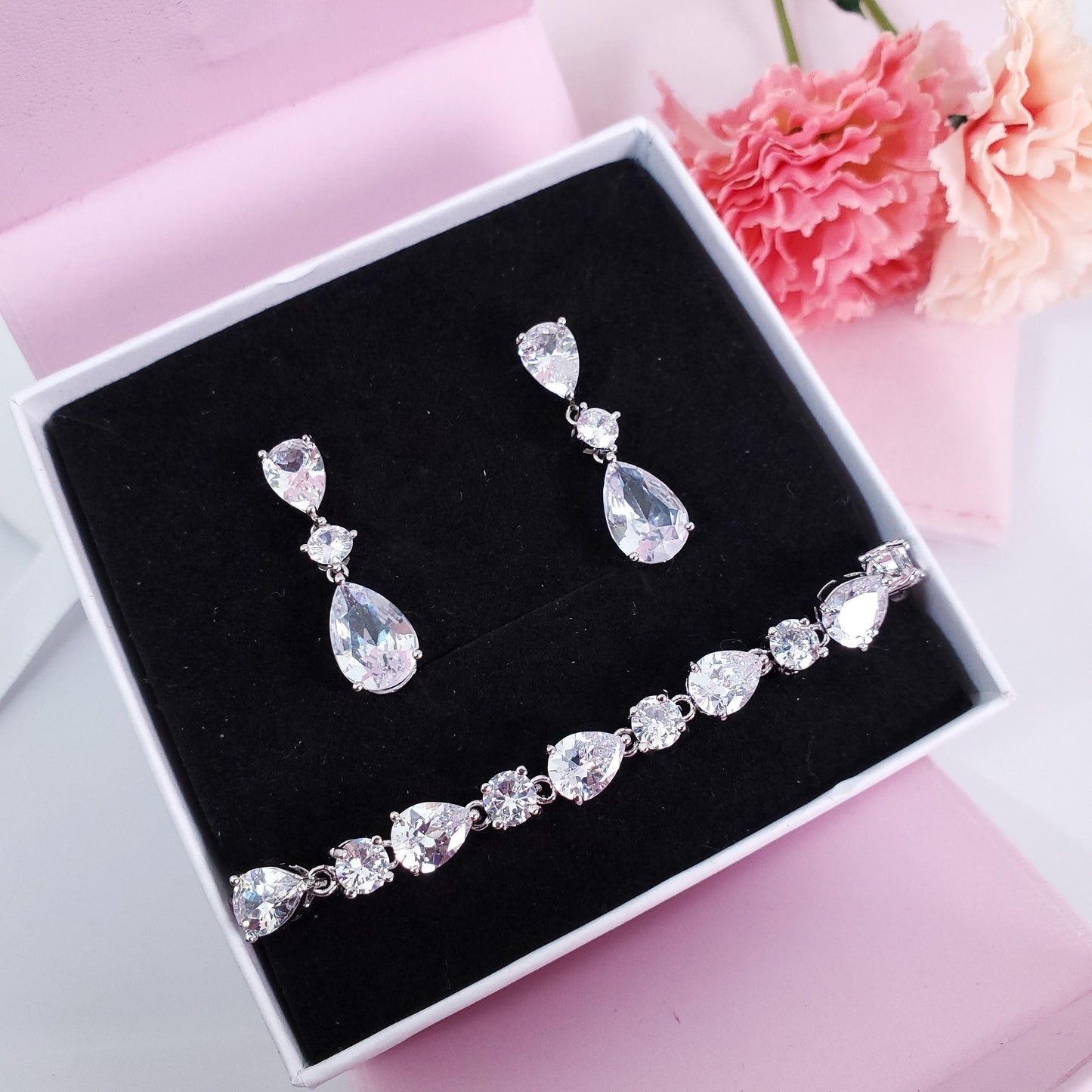 Bridal earrings silver statement bridal earrings long teardrop bracelet bridesmaids jewelry gift set maid of honor gift set