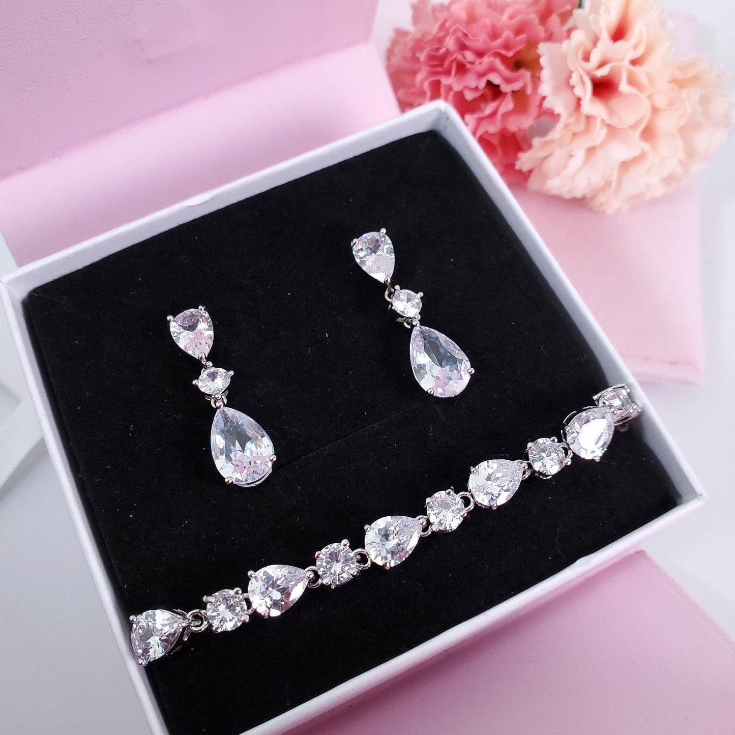 Bridal earrings silver statement bridal earrings long teardrop bracelet bridesmaids jewelry gift set maid of honor gift set
