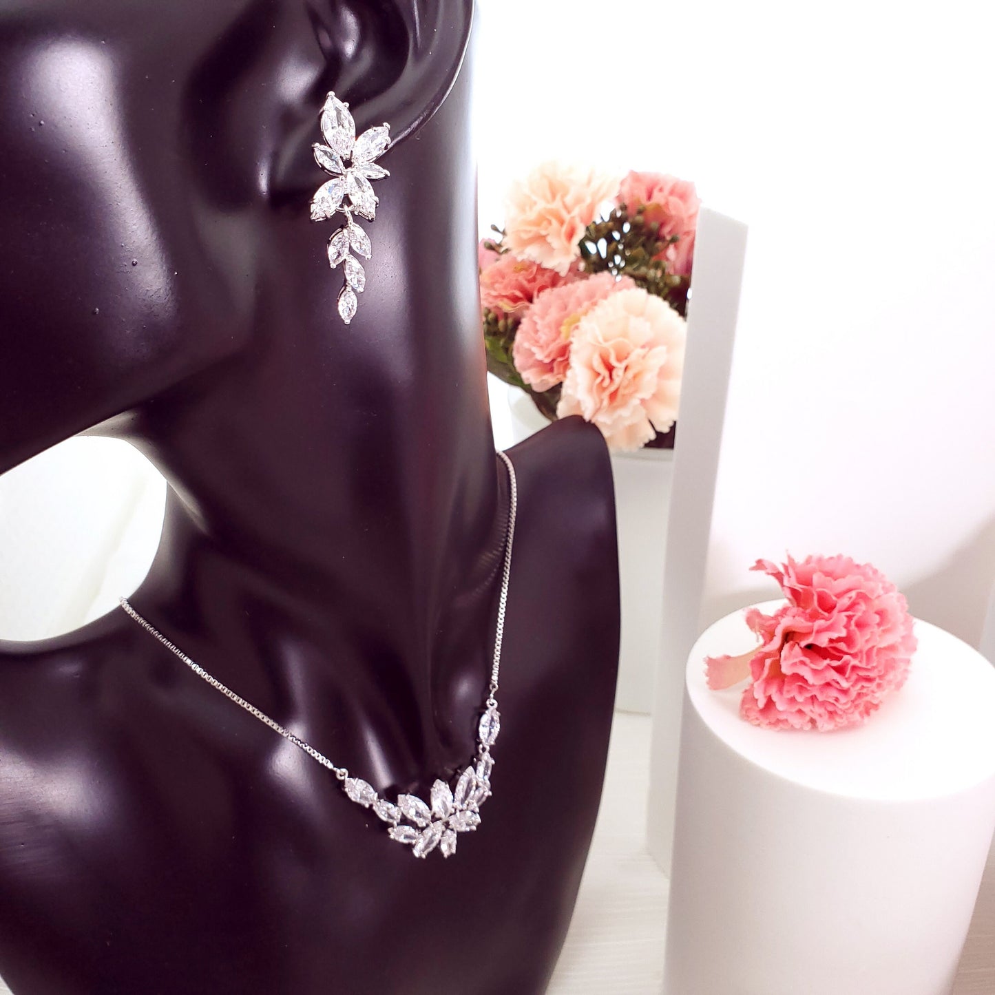 Bridal Necklace and Earring set wedding Jewellery leaf necklace for brides bridal accessories statement necklace with earrings silver