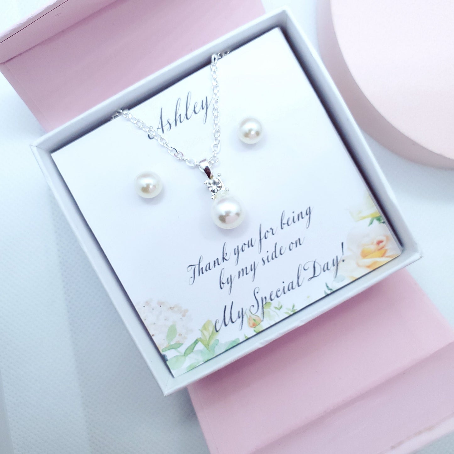 silver pearl necklace earrings set, bridemaid gift, will you be my bridesmaid proposal, bridesmaid necklace set, bridal party Favours