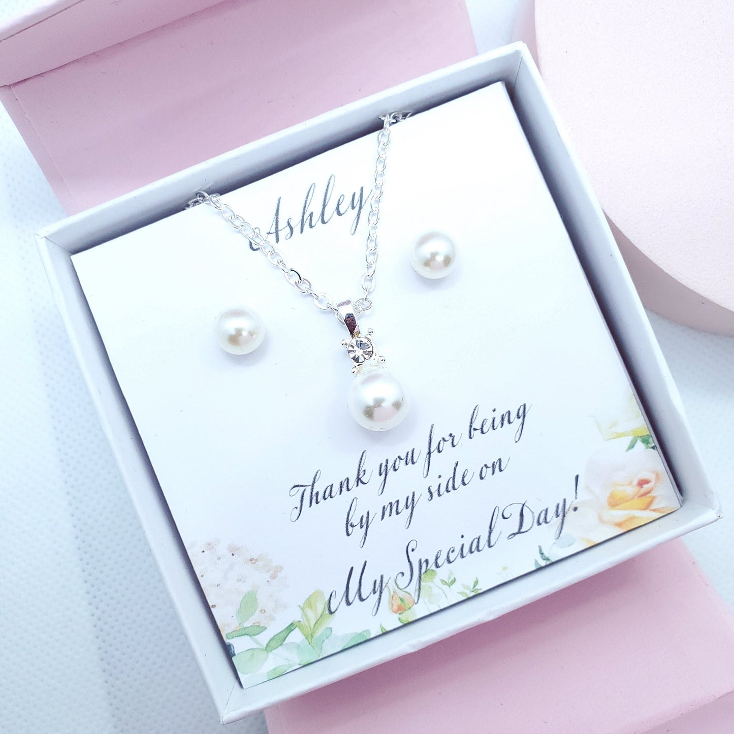 silver pearl necklace earrings set, bridemaid gift, will you be my bridesmaid proposal, bridesmaid necklace set, bridal party Favours