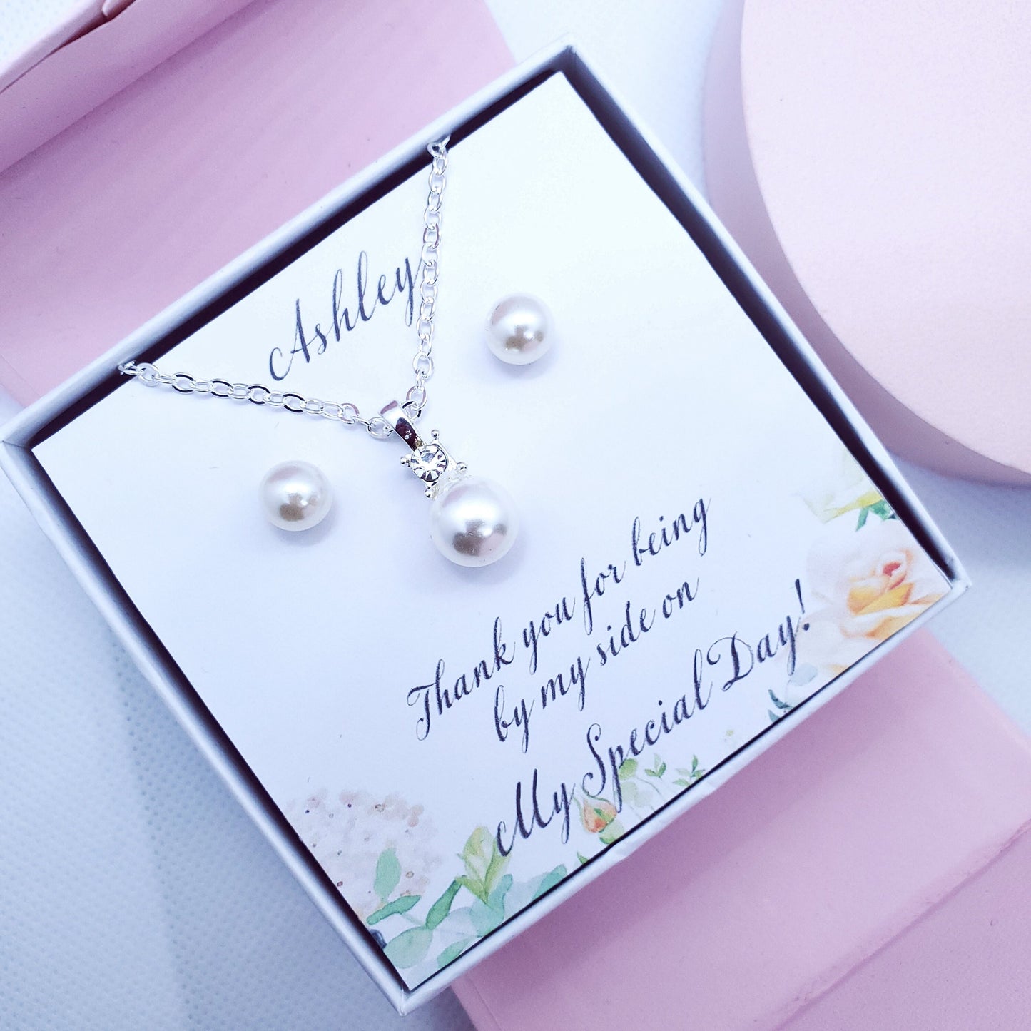 silver pearl necklace earrings set, bridemaid gift, will you be my bridesmaid proposal, bridesmaid necklace set, bridal party Favours