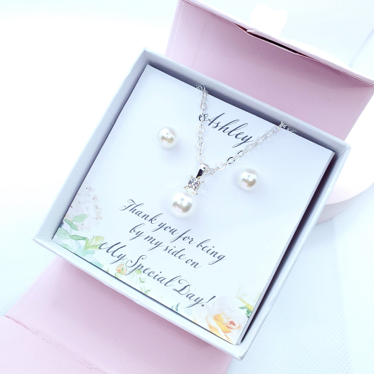 silver pearl necklace earrings set, bridemaid gift, will you be my bridesmaid proposal, bridesmaid necklace set, bridal party Favours
