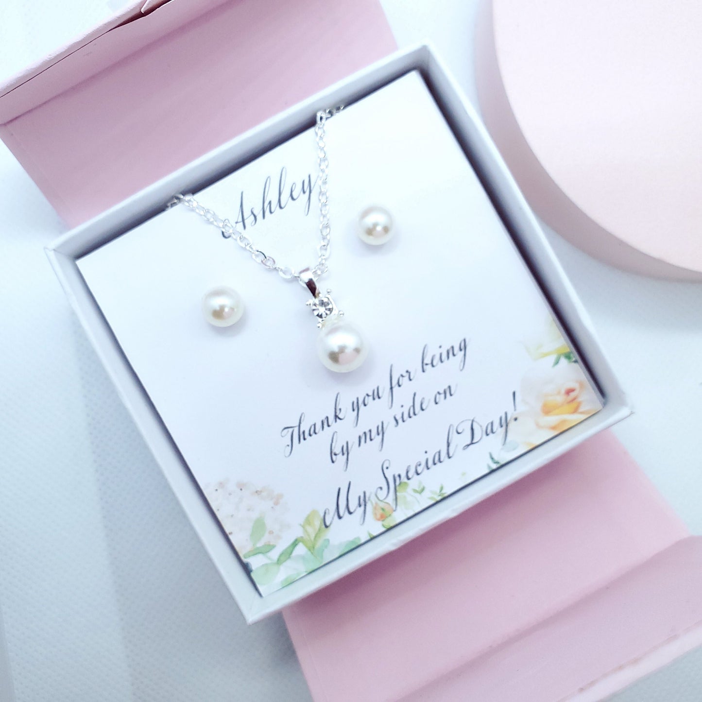 silver pearl necklace earrings set, bridemaid gift, will you be my bridesmaid proposal, bridesmaid necklace set, bridal party Favours