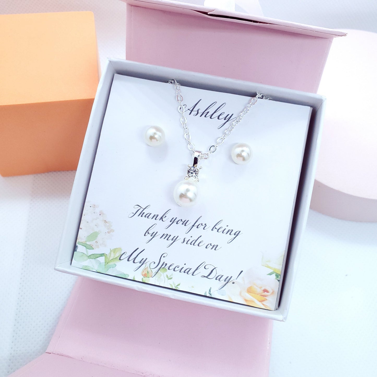 silver pearl necklace earrings set, bridemaid gift, will you be my bridesmaid proposal, bridesmaid necklace set, bridal party Favours
