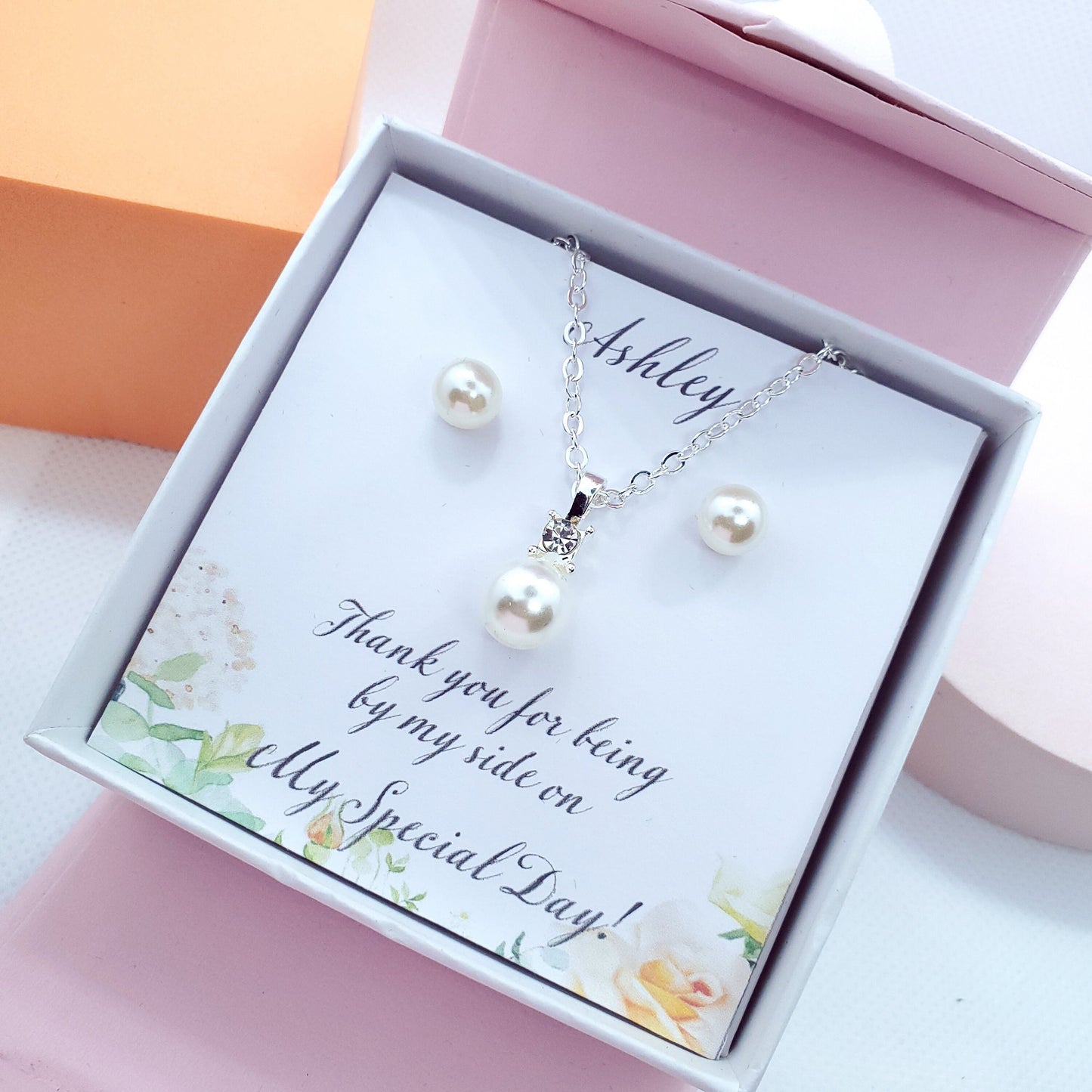 silver pearl necklace earrings set, bridemaid gift, will you be my bridesmaid proposal, bridesmaid necklace set, bridal party Favours