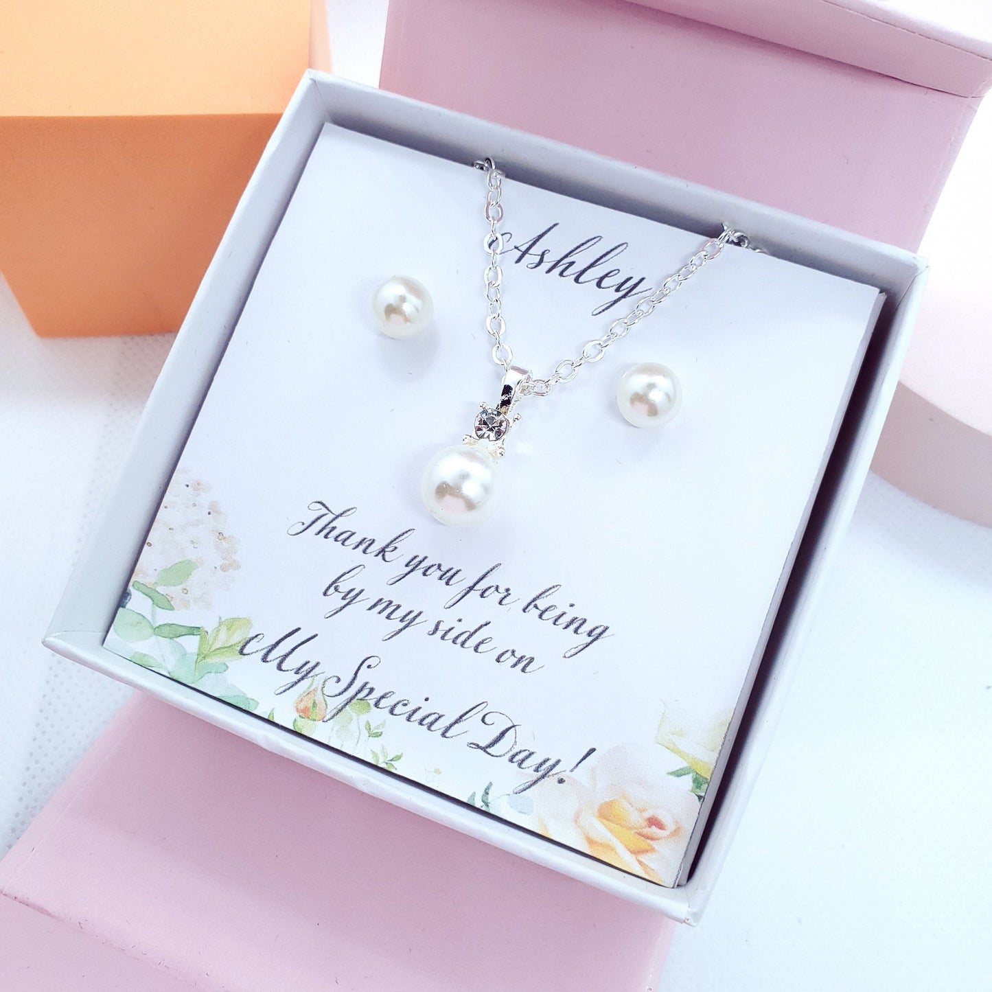 silver pearl necklace earrings set, bridemaid gift, will you be my bridesmaid proposal, bridesmaid necklace set, bridal party Favours
