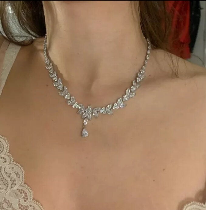 Wedding necklace set silver bridal jewelry bridal necklace crystal wedding jewelry wedding accessories bridal necklace set zirconia