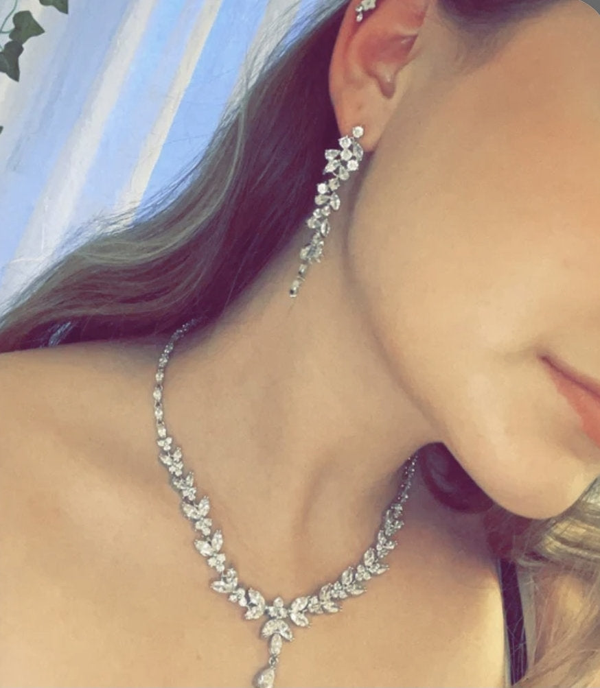 Bridal Necklace and long dainty Earring set wedding jewelry for brides bridal accessories wedding jewelry set