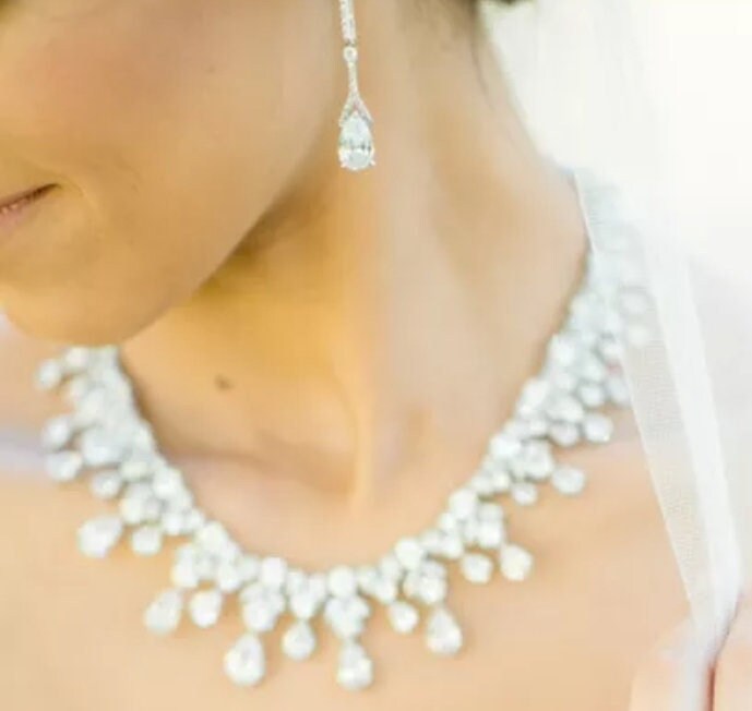 Luxury Bridal Necklace silver crystal wedding necklace CZ jewelry wedding jewelry brides statement bridal necklace anniversary gift set