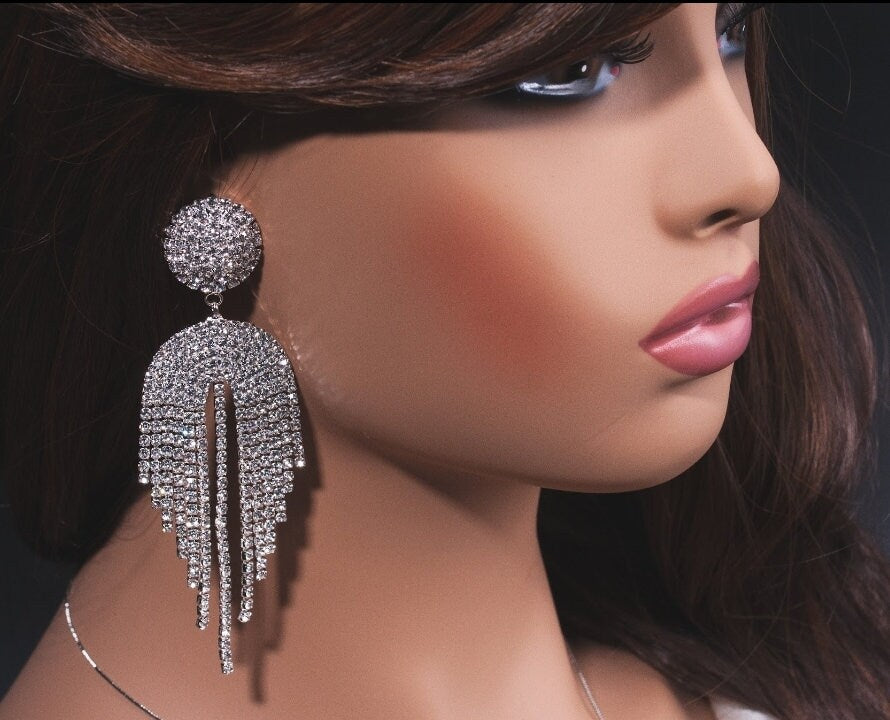 Prom earrings tassel earrings rhinestone tassel drop earrings silver