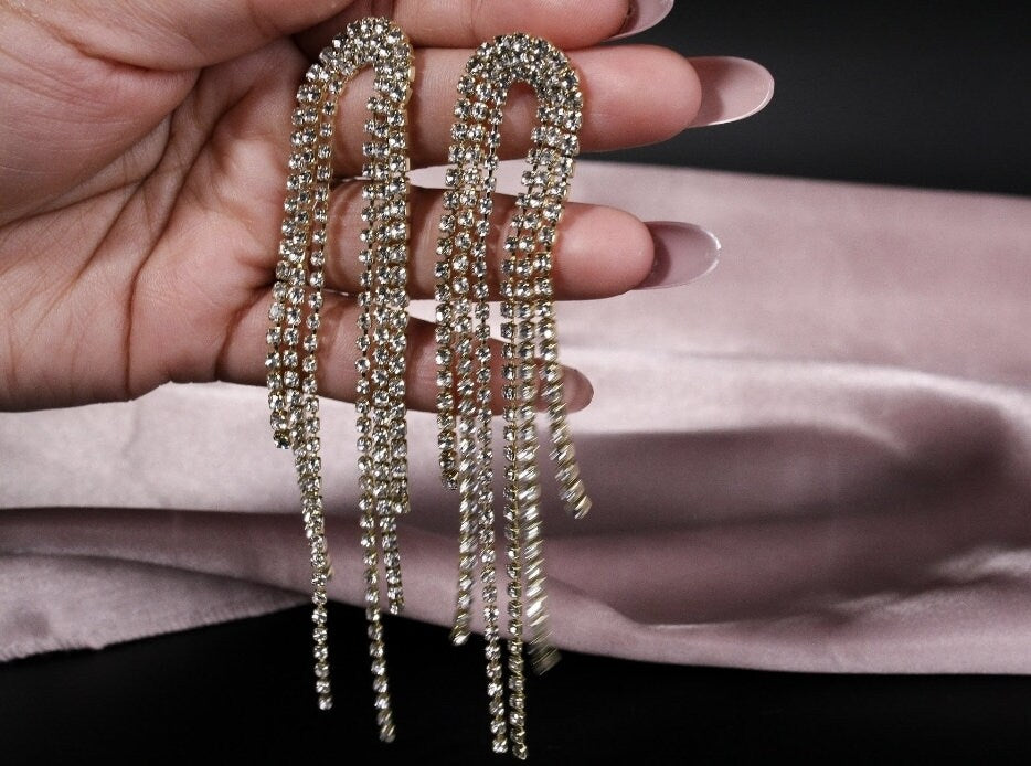 Extra long tassel earrings rhinestone tassel earrings bridal stateme t earrings 2022 trendy bridal earrings