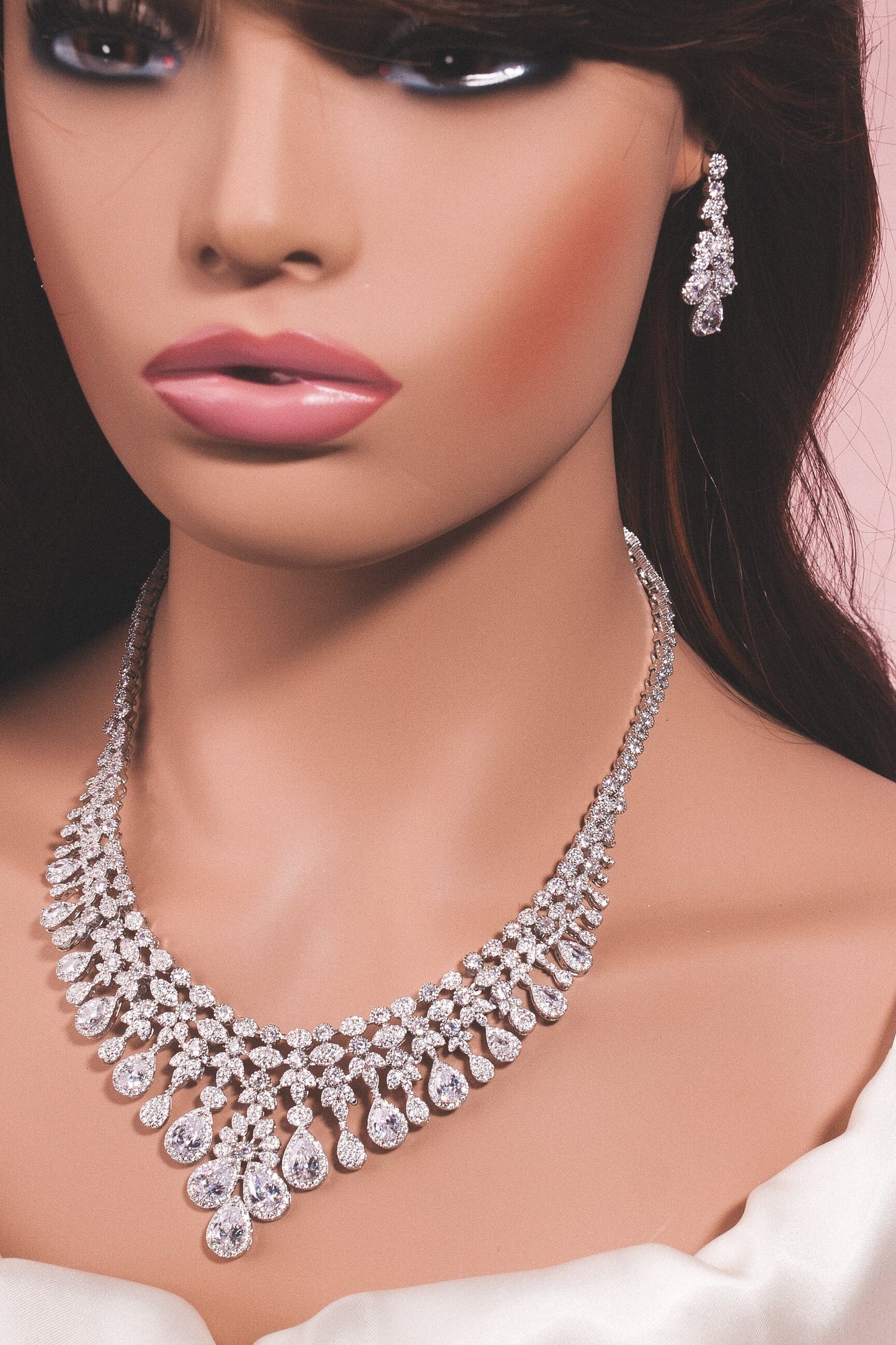 Luxury wedding jewelry cz bridal necklace set silver jewelry set