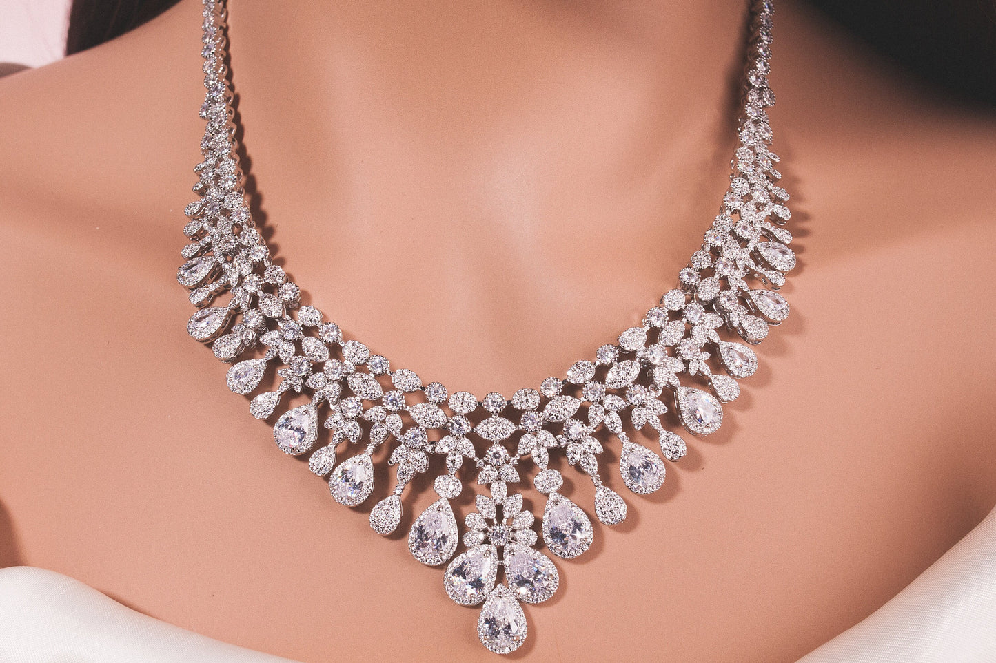 Luxury wedding jewelry cz bridal necklace set silver jewelry set