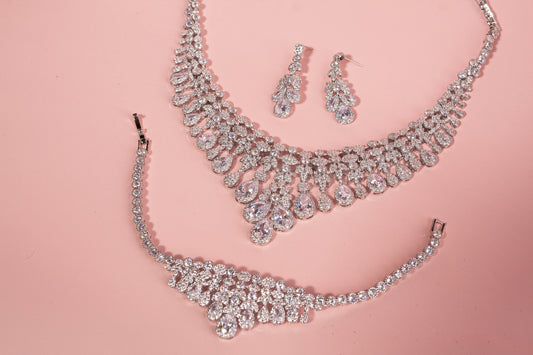 Luxury wedding jewelry cz bridal necklace set silver jewelry set