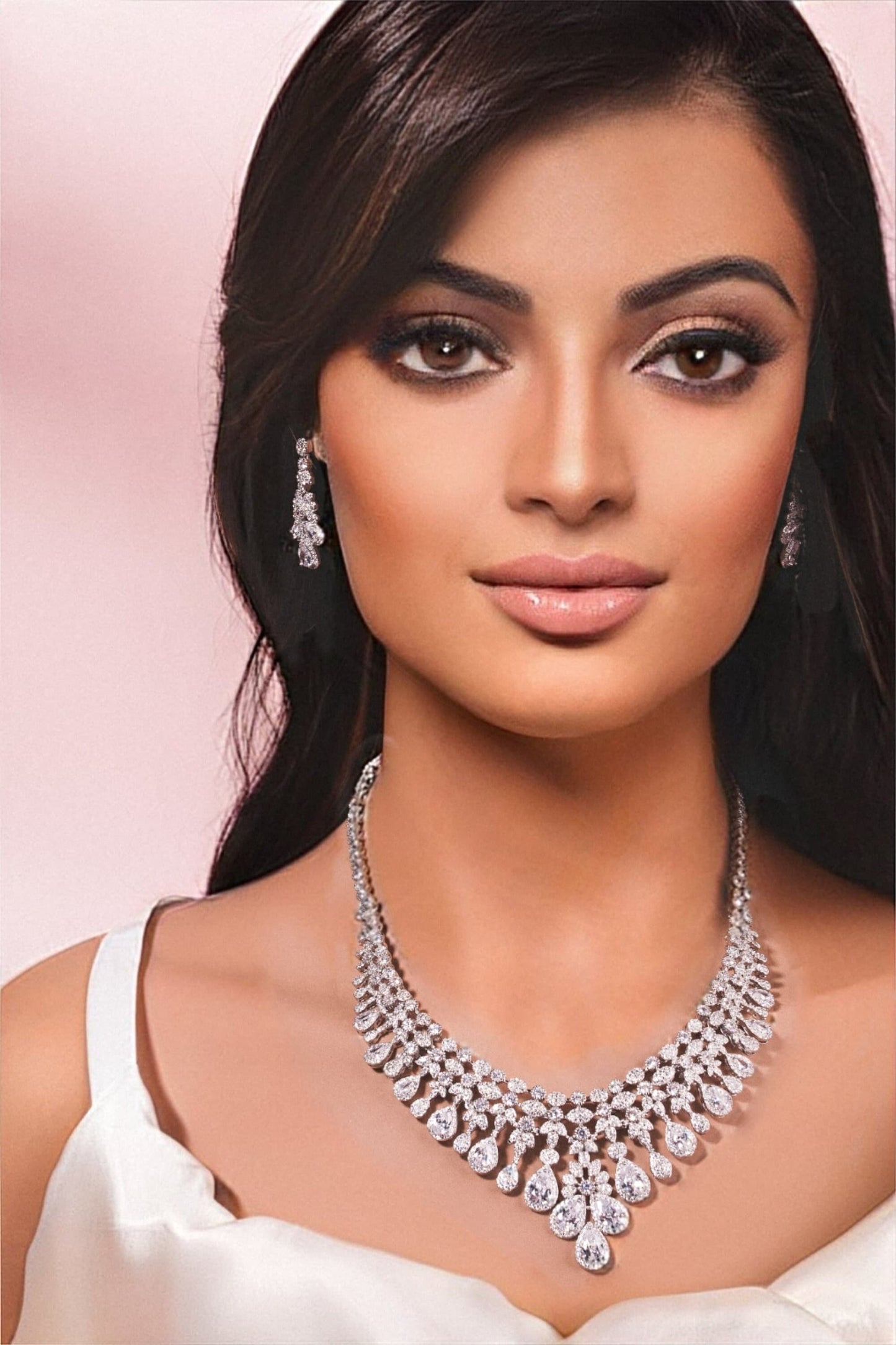 Luxury wedding jewelry cz bridal necklace set silver jewelry set