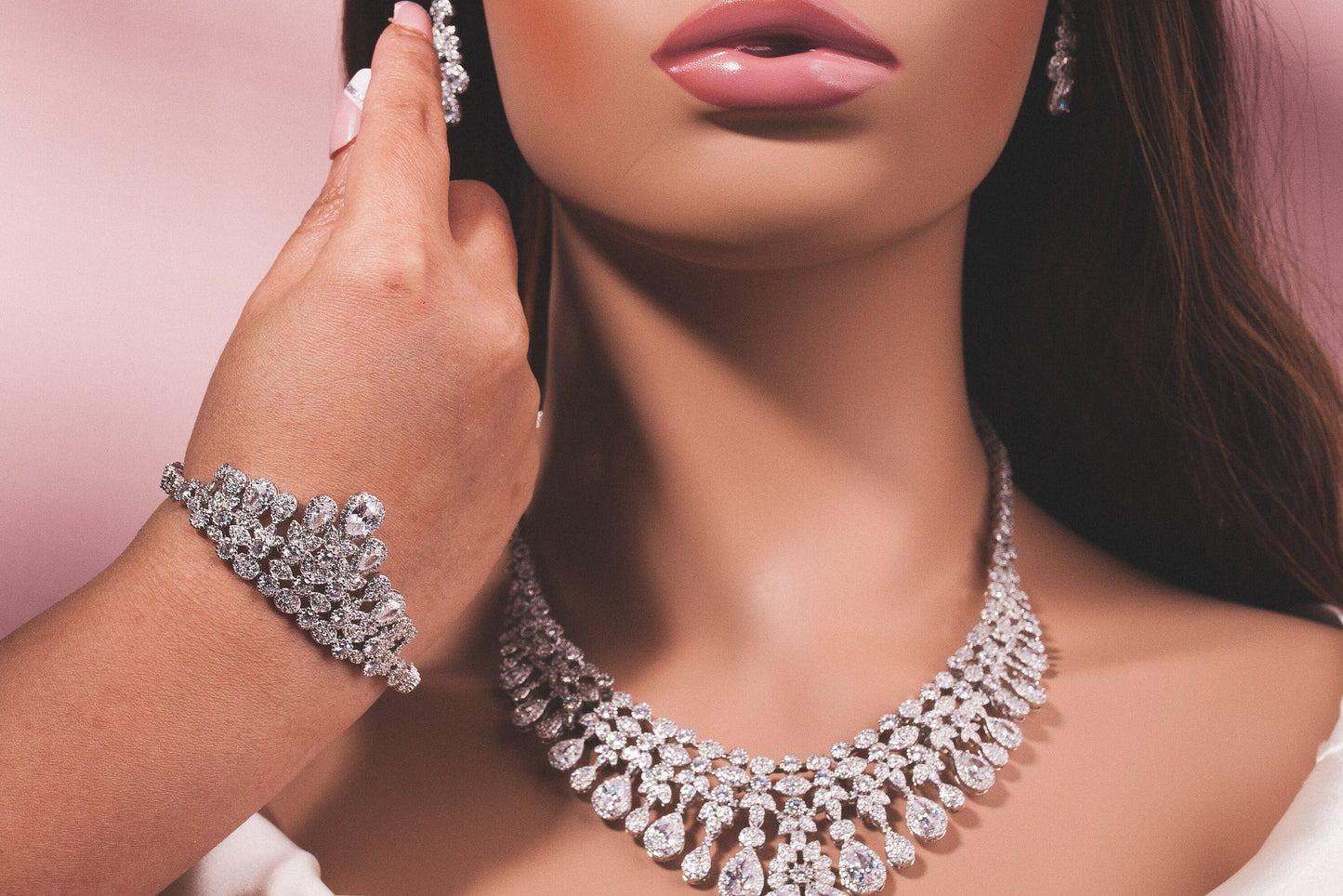 Luxury wedding jewelry cz bridal necklace set silver jewelry set