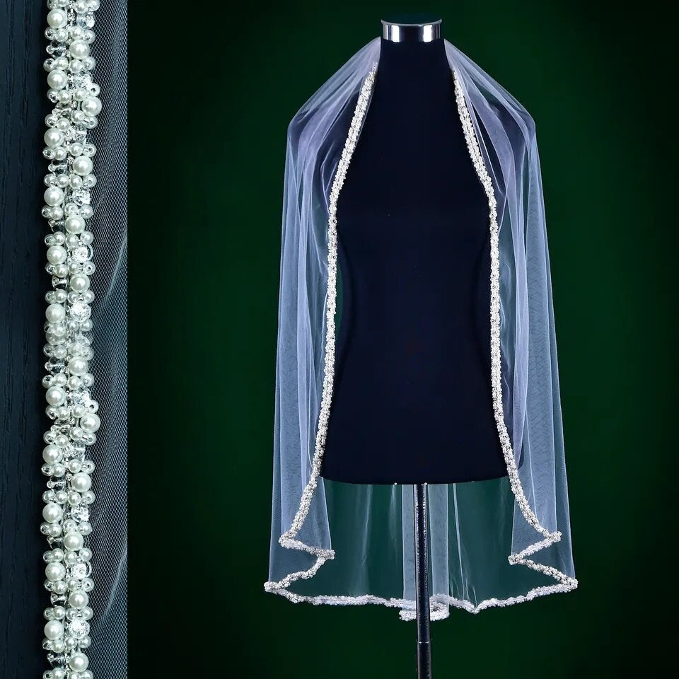 ARIA Pearl edge veil pearl beaded veil fingertip length pearl veil pearl studded veil