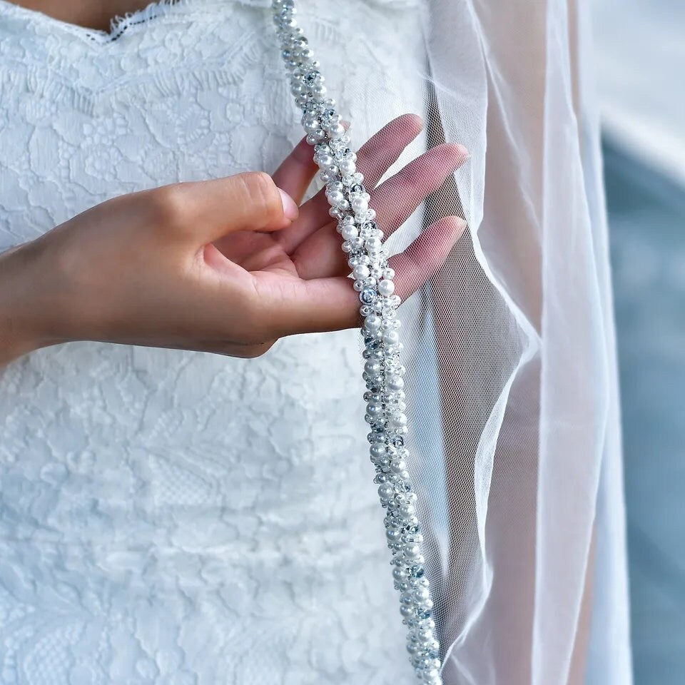 ARIA Pearl edge veil pearl beaded veil fingertip length pearl veil pearl studded veil