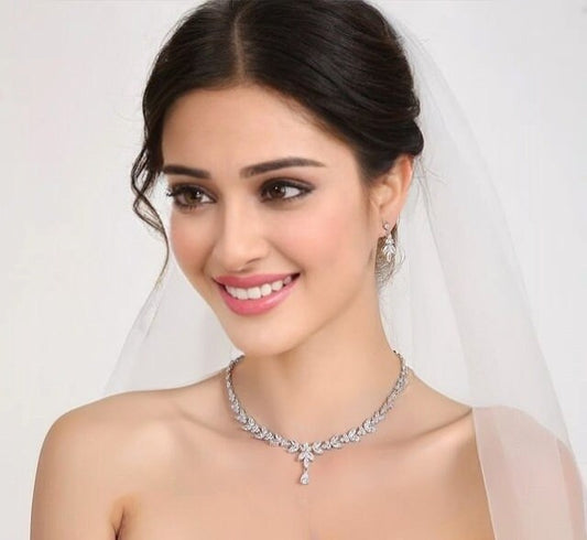 Bridal jewelry set rose gold wedding necklace Bridal Earrings Silver Zirconia Bridal bracelet WEDDING JEWELLERY Adjustable bracelet bride