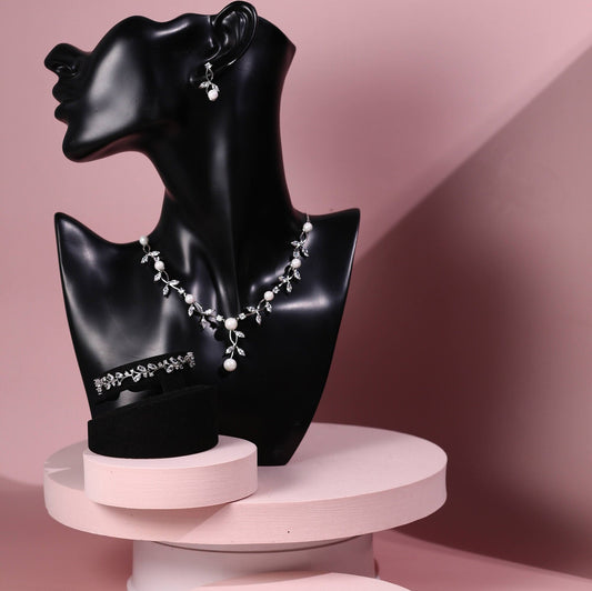 Pearl wedding necklace CZ crystal and pearl bridal necklace set zirconia wedding jewelry set with pearls