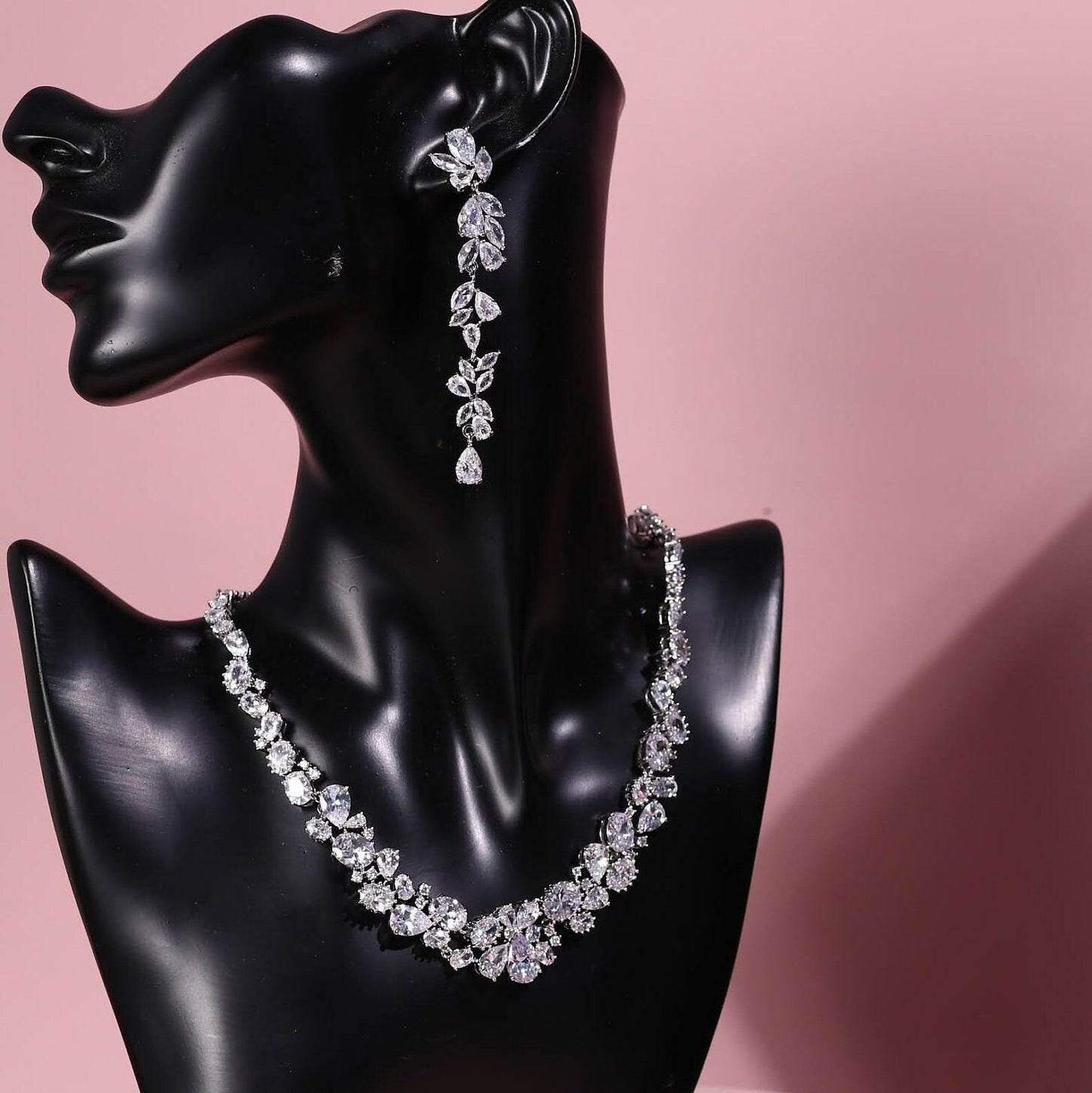 Silver necklace Bridal necklace wedding necklace Bridal jewelry Back jewelry Wedding Jewellery Wedding jewelry set extra long earrings