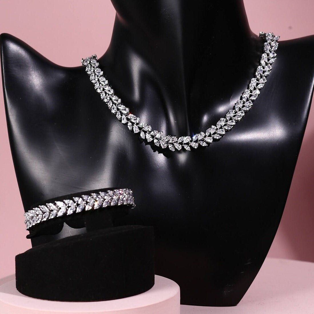 Jewelry Set for Brides, Wedding Necklace Set, Bridal Jewellery, Cubic Zirconia Wedding Jewelry Set for Brides Bracelet bridal leaf