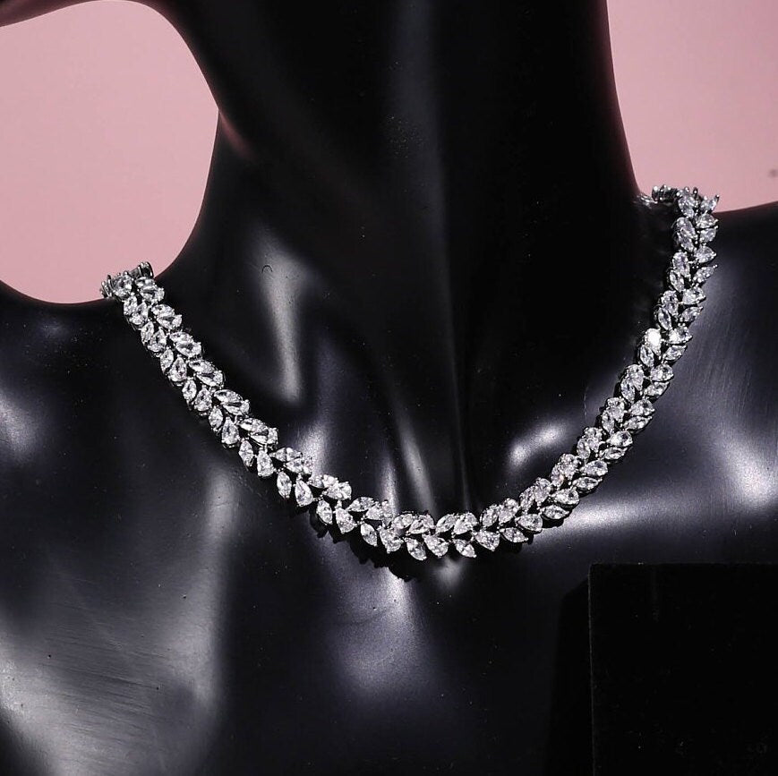 Jewelry Set for Brides, Wedding Necklace Set, Bridal Jewellery, Cubic Zirconia Wedding Jewelry Set for Brides Bracelet bridal leaf
