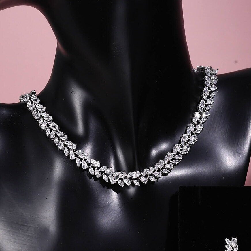 Jewelry Set for Brides, Wedding Necklace Set, Bridal Jewellery, Cubic Zirconia Wedding Jewelry Set for Brides Bracelet bridal leaf