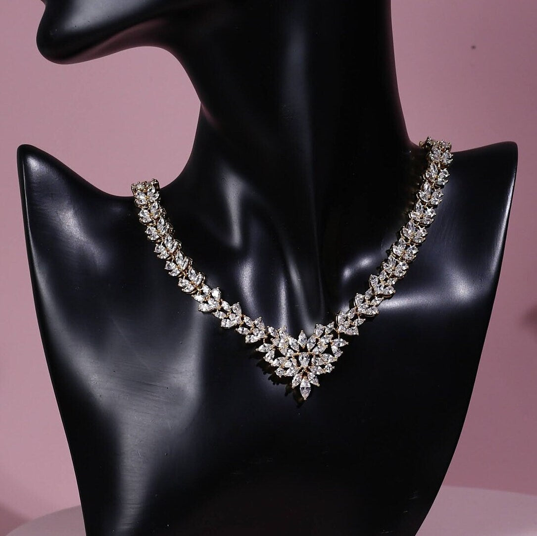 Cubic Zirconia Leaves necklace Diamond Earrings and Necklace set Bridal Jewelry,